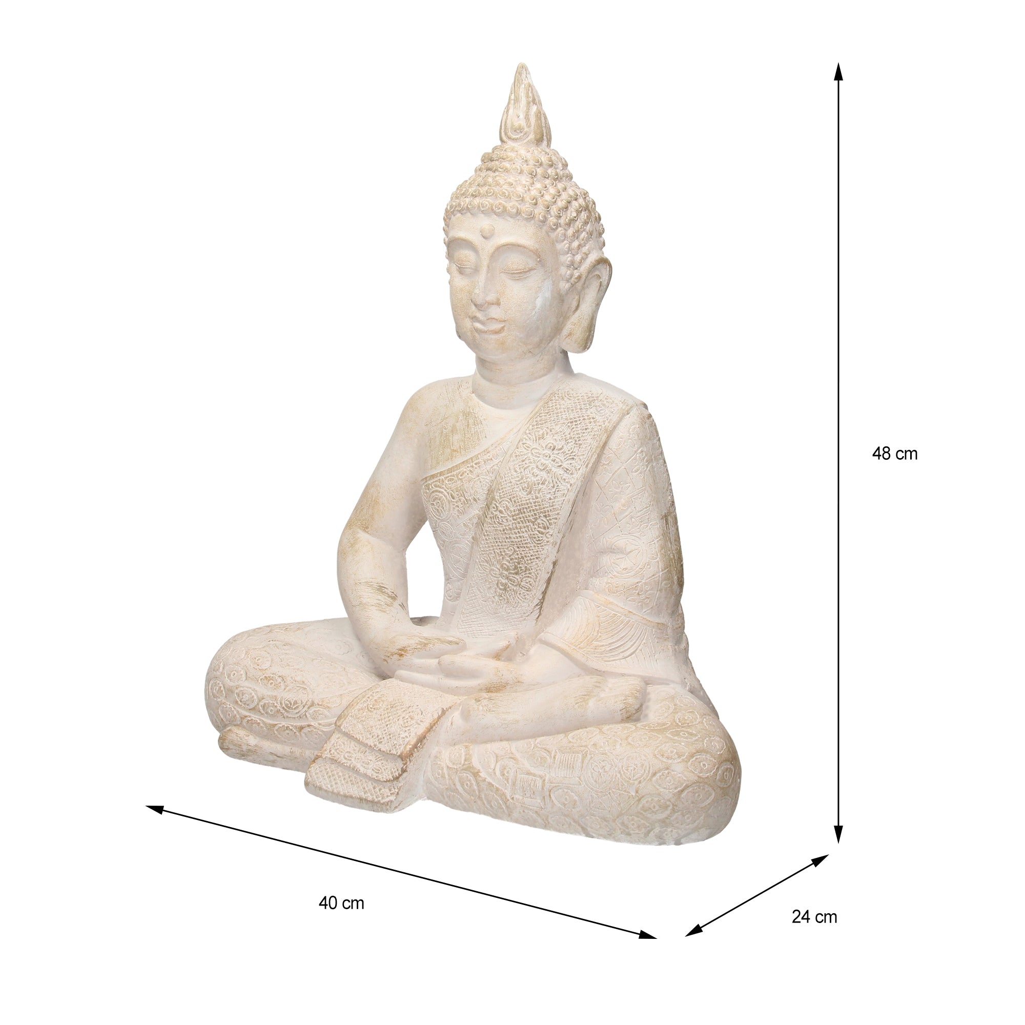 Eine sitzende Buddha-Statue aus hellem Material mit Maßangaben.