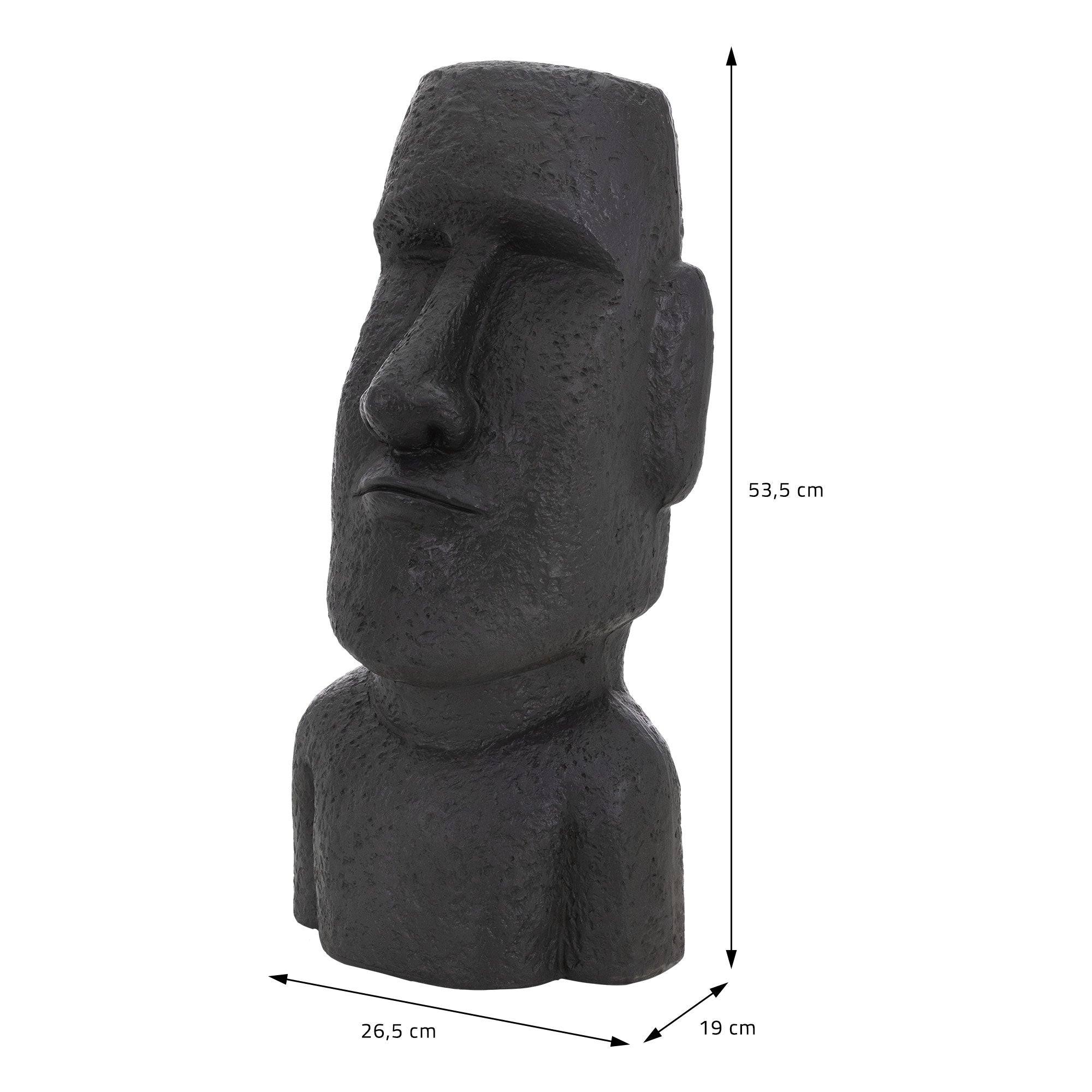 Fekete Moai szobor méretekkel, fehér háttérrel ábrázolva.