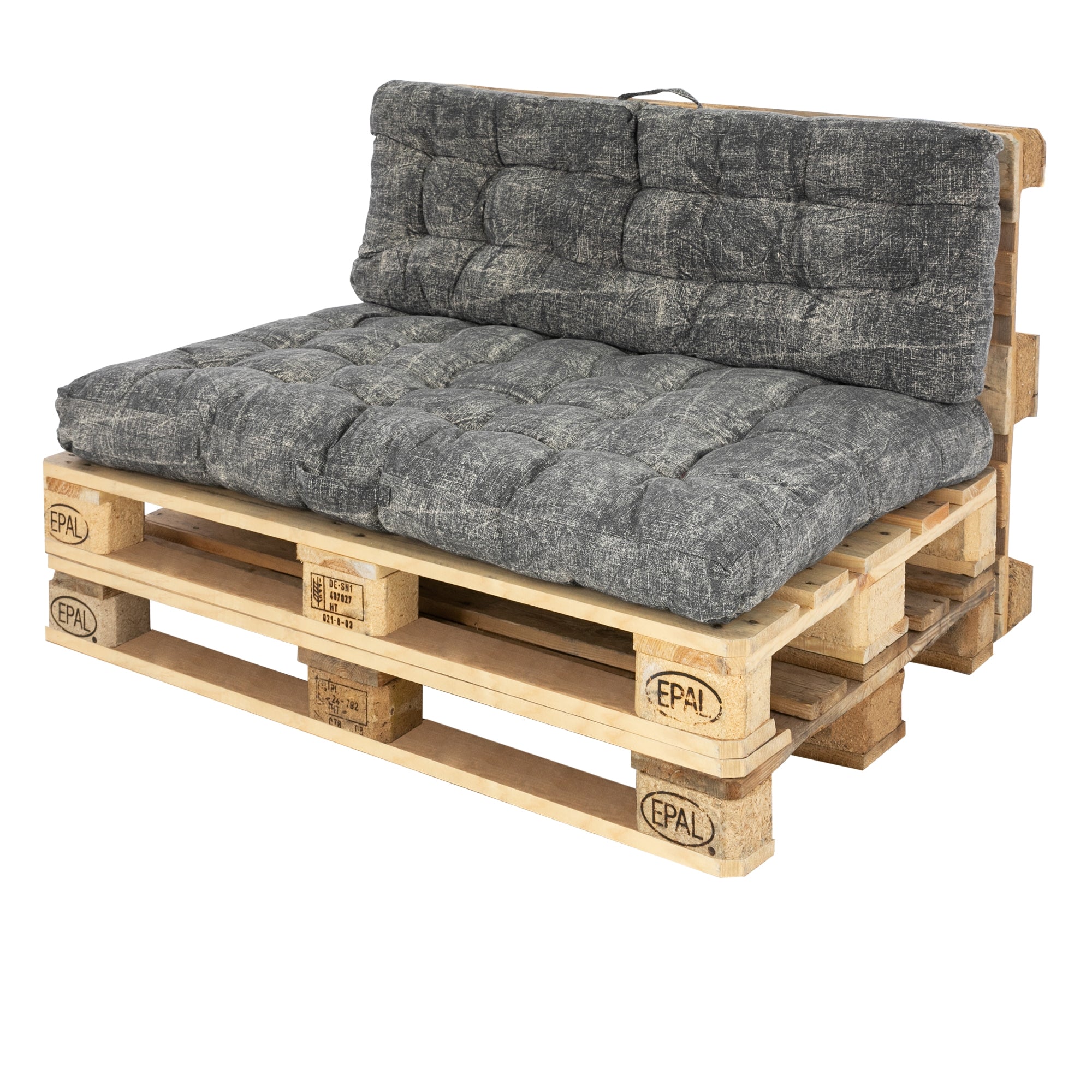 Un divano in pallet con cuscino grigio.