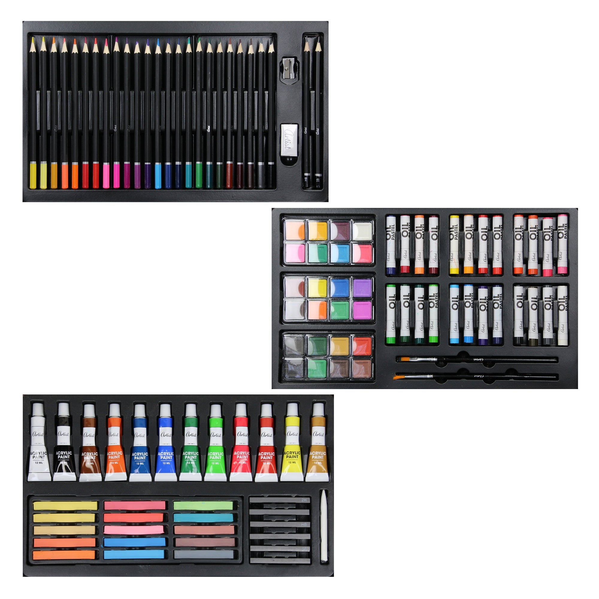 Set di materiali artistici con matite colorate, acquerelli e strumenti per dipingere.