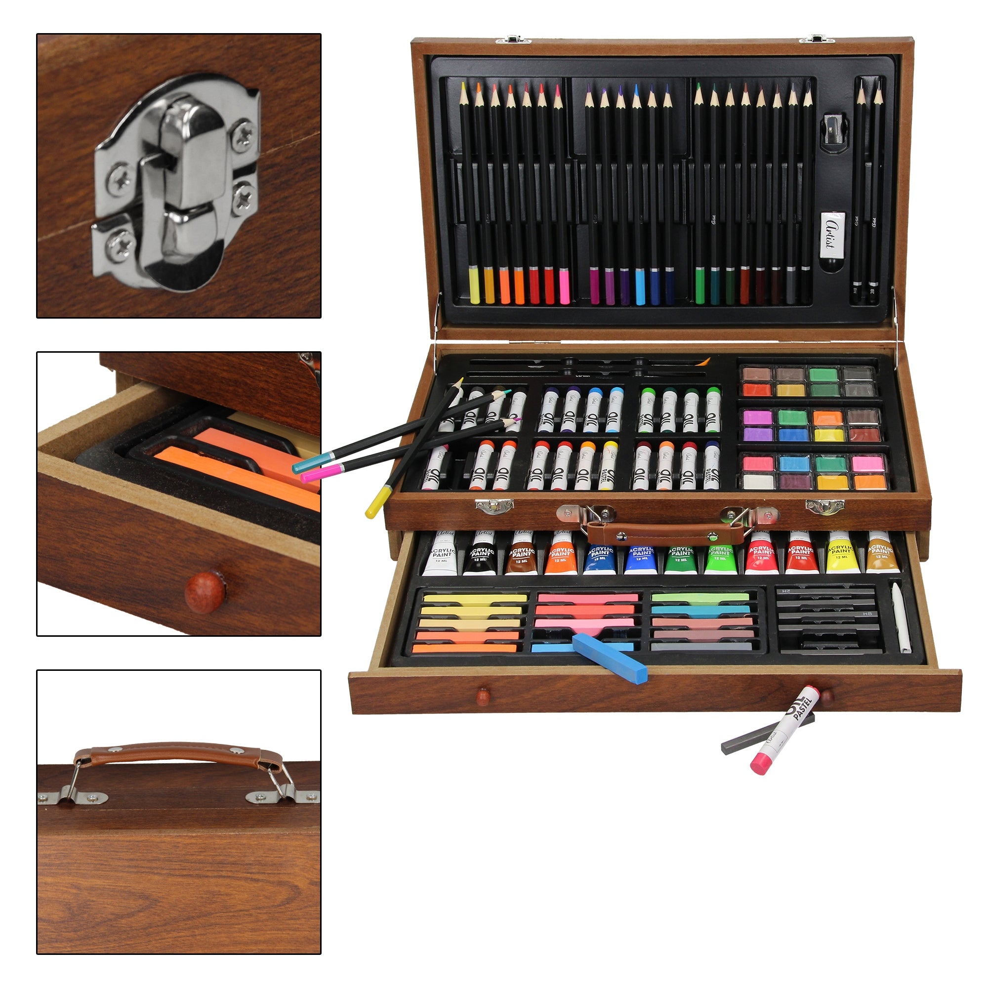 Un set da pittura aperto con matite colorate, colori e pennelli in un contenitore di legno.