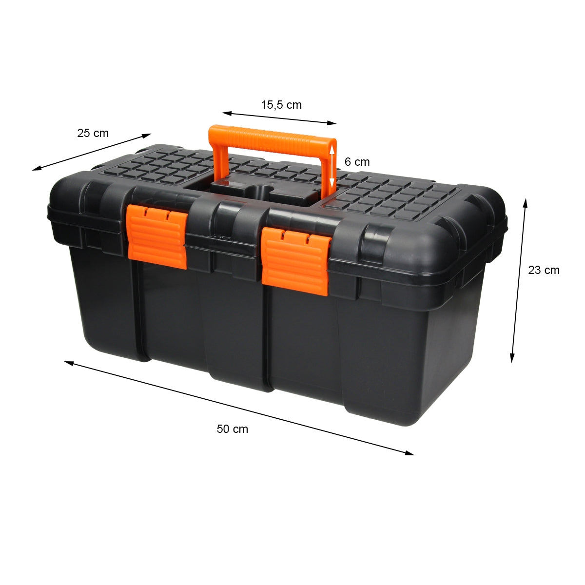 Cassetta degli attrezzi nera con manico arancione, misure 50 x 25 x 23 cm.