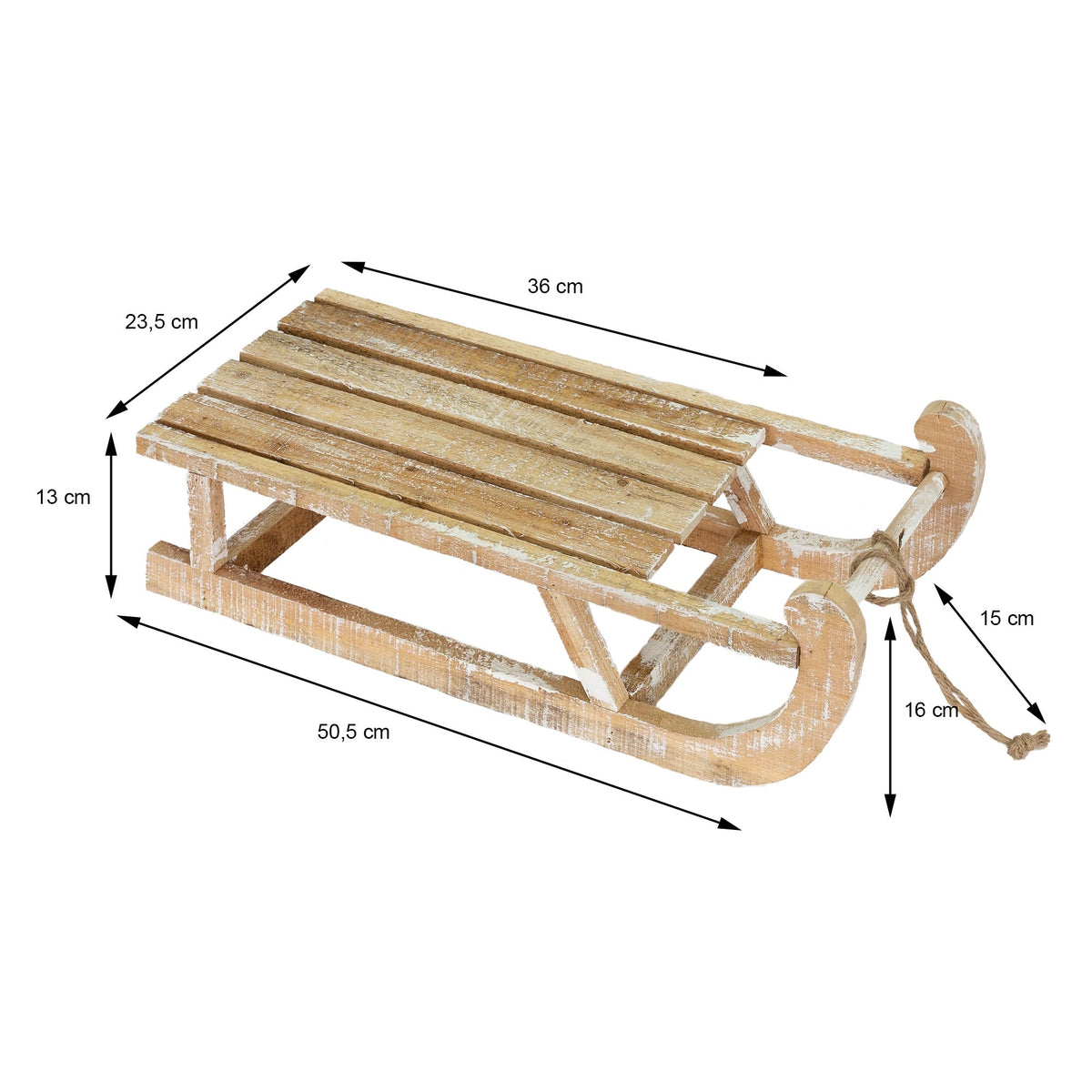 Luge en bois avec des dimensions : 50,5 cm de long, 36 cm de large, 23,5 cm de haut.