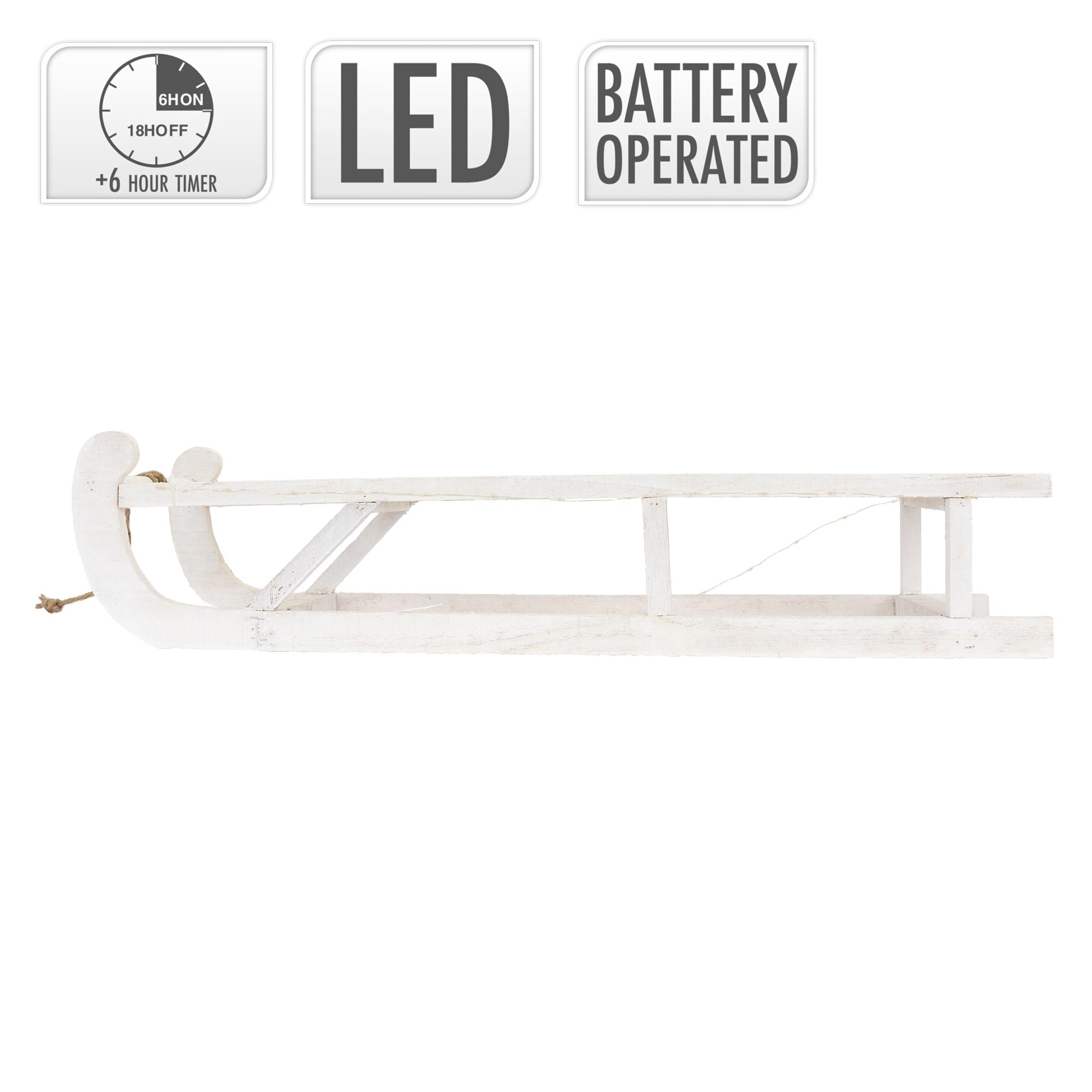 Slitta bianca con illuminazione a LED e funzionamento a batteria.