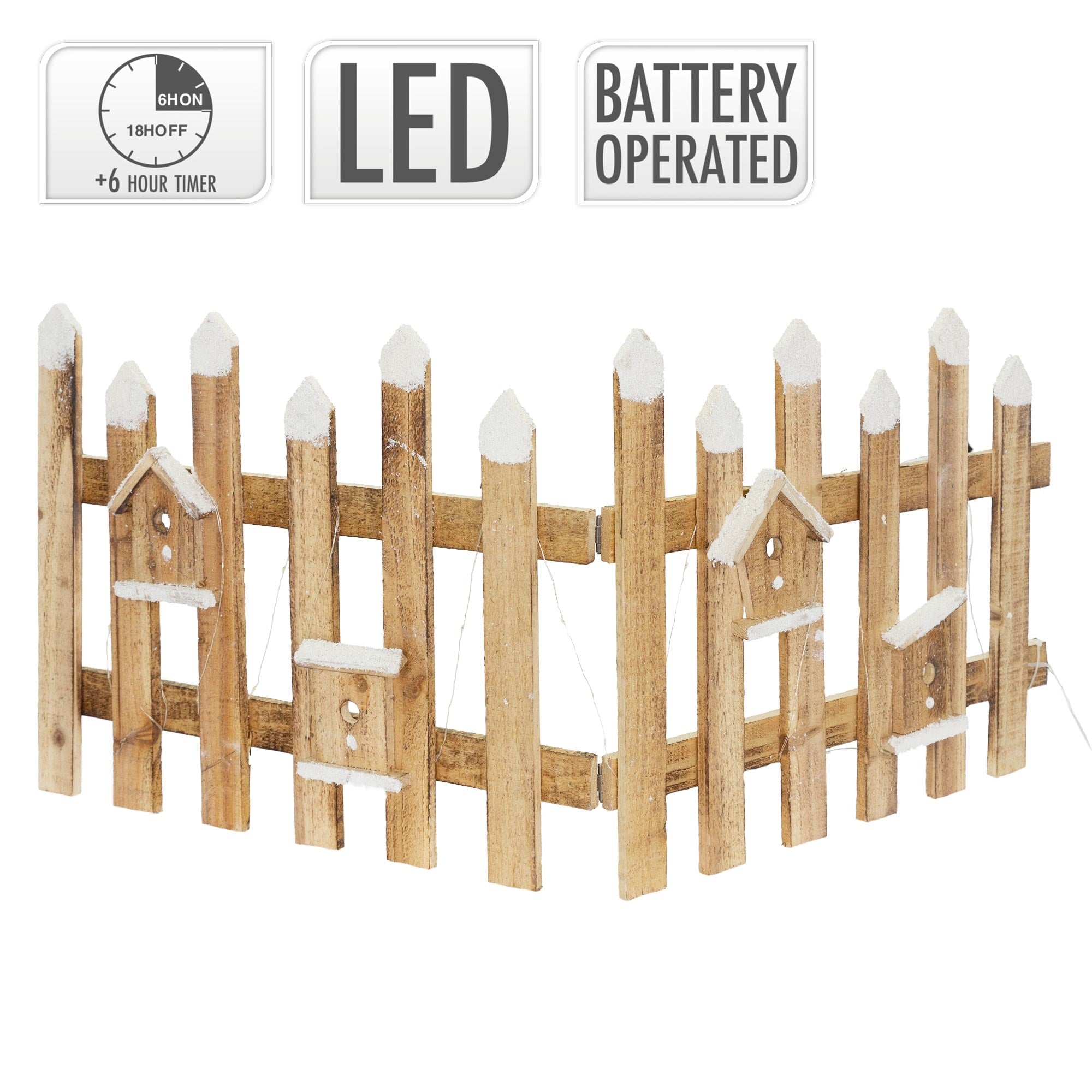 Holzfarbener Zaun mit weißen Spitzen und Vogelhäusern, mit LED-Beleuchtung.