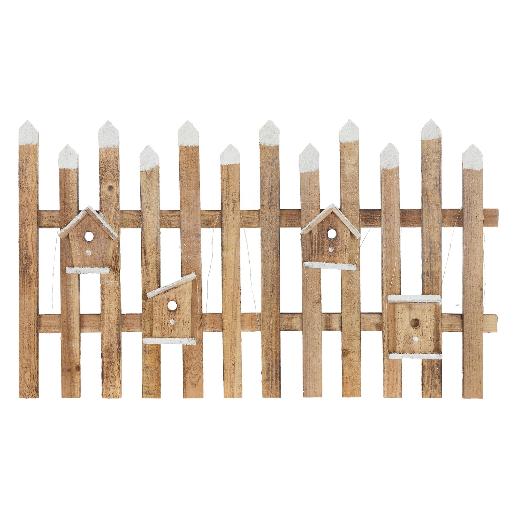 Holzlattenzaun in natürlicher Farbe mit kleinen Vogelhäusern.