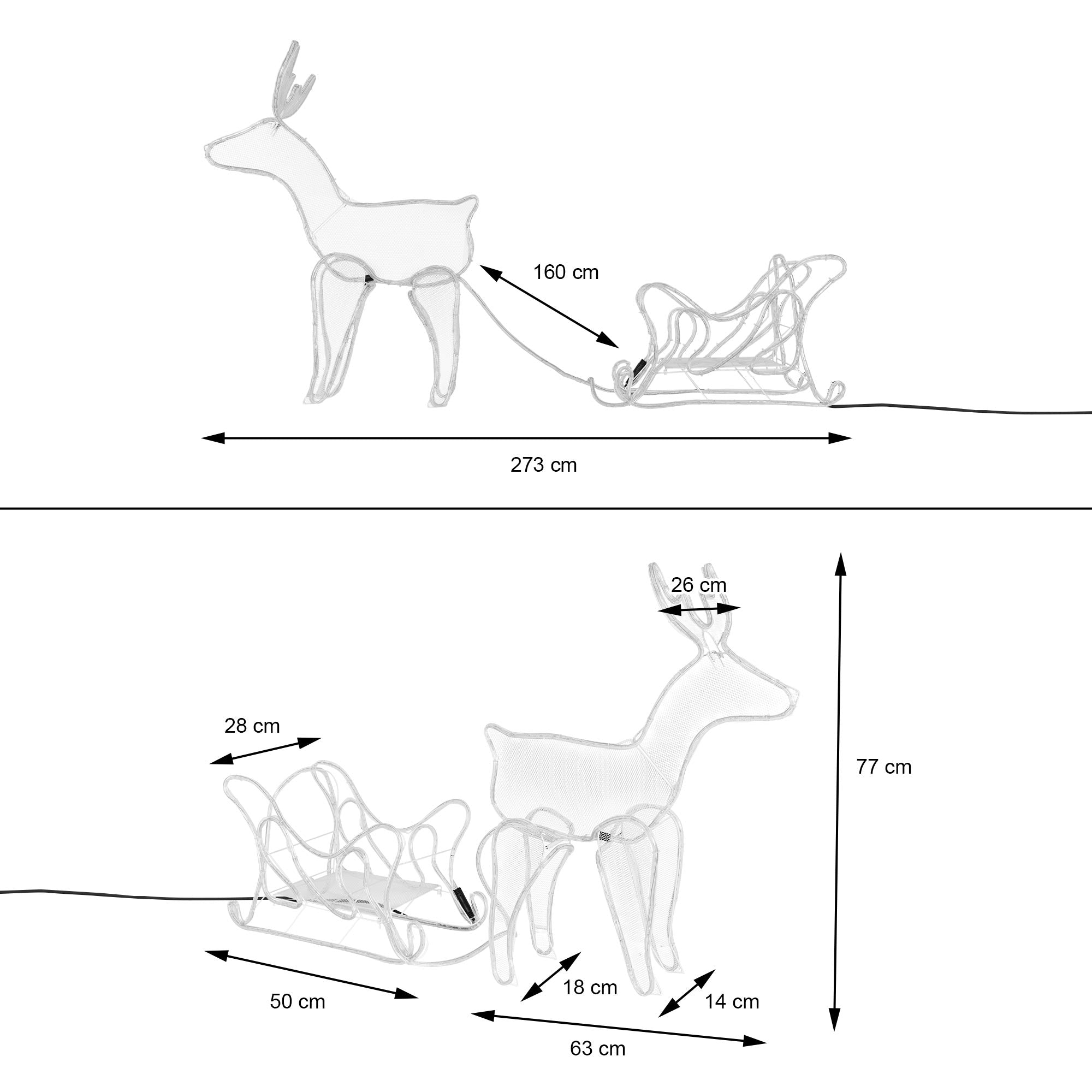 Croquis d'un renne avec un traîneau, dimensions en cm indiquées.