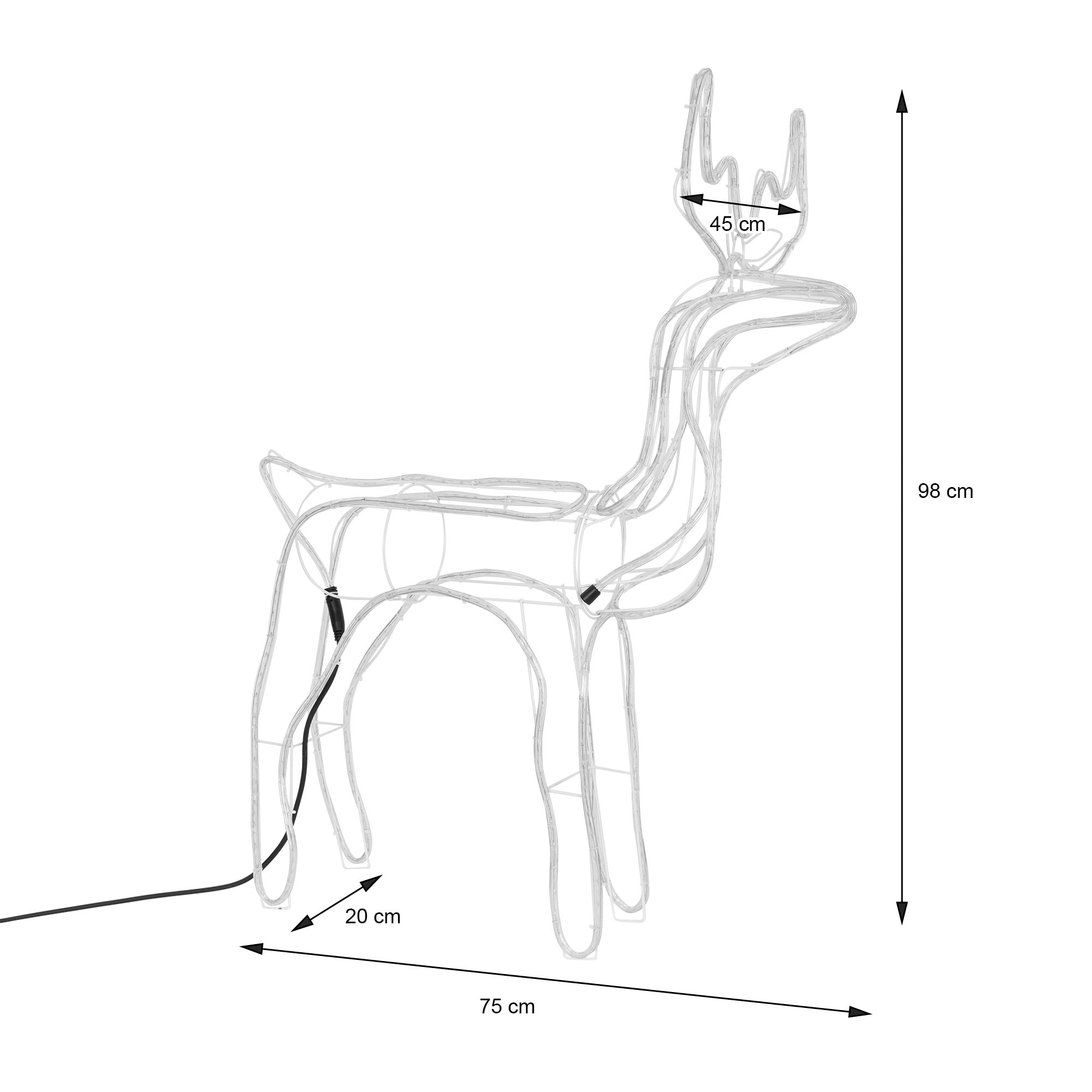 Croquis d'un faon avec des dimensions : hauteur 98 cm, largeur 75 cm, profondeur 20 cm.