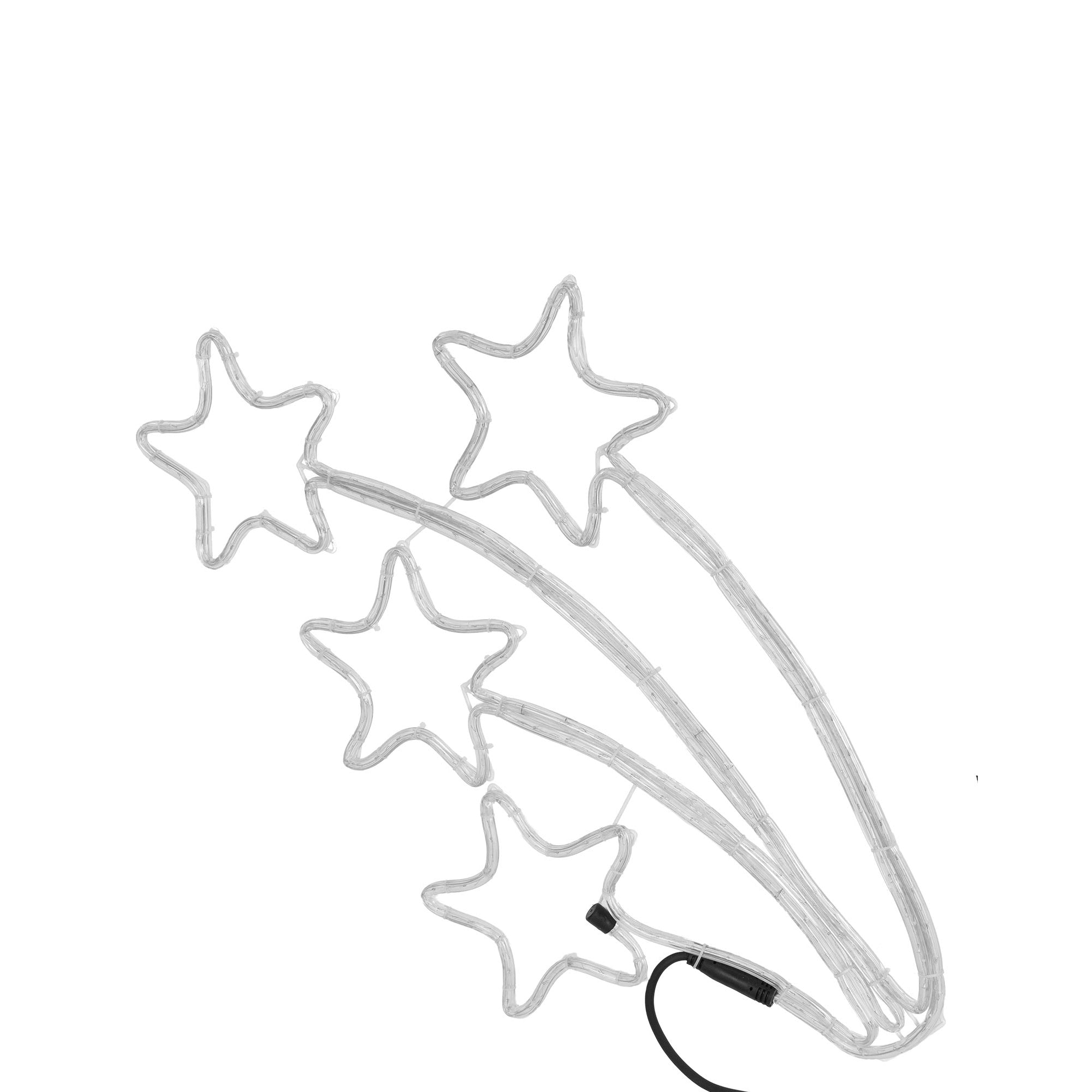 Tre stelle luminose in materiale trasparente, disposte in una forma ondulata.