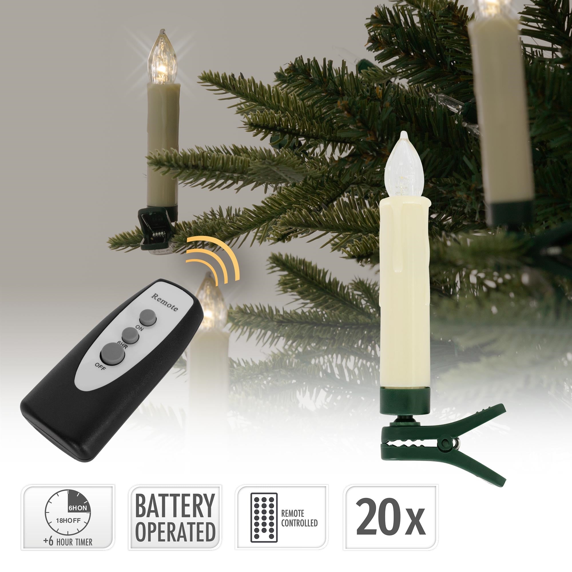 Vela a pilas con control remoto, fijada a un árbol de Navidad.