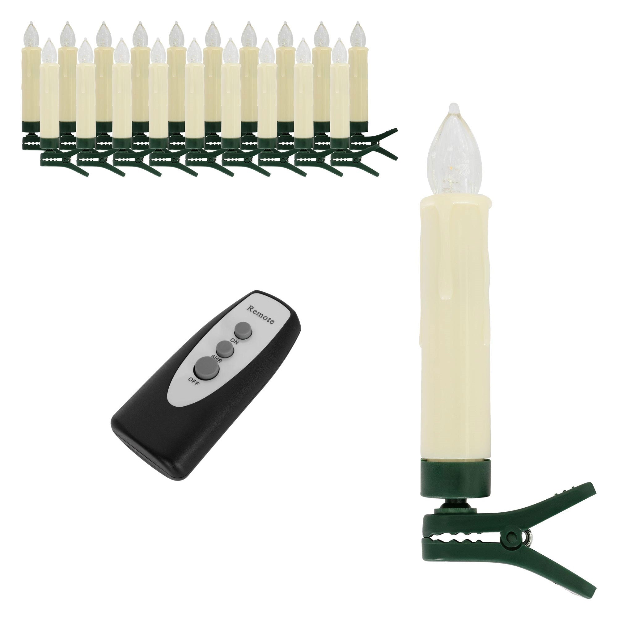Varias velas LED con soportes y un control remoto.