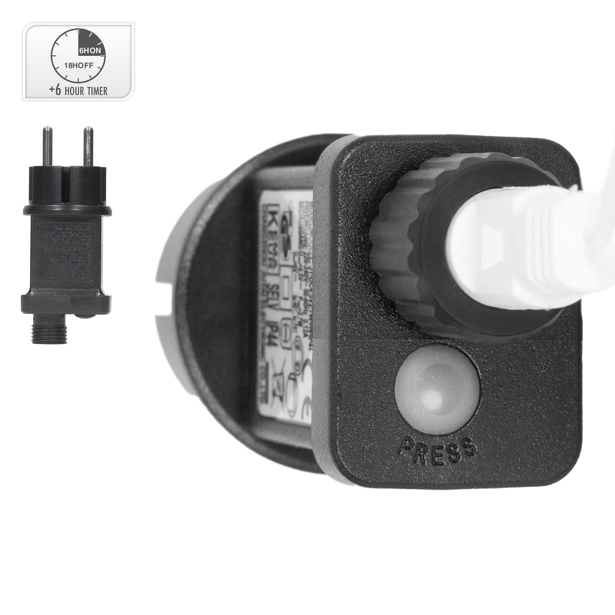 Contrôleur avec bouton et prises pour guirlande lumineuse.