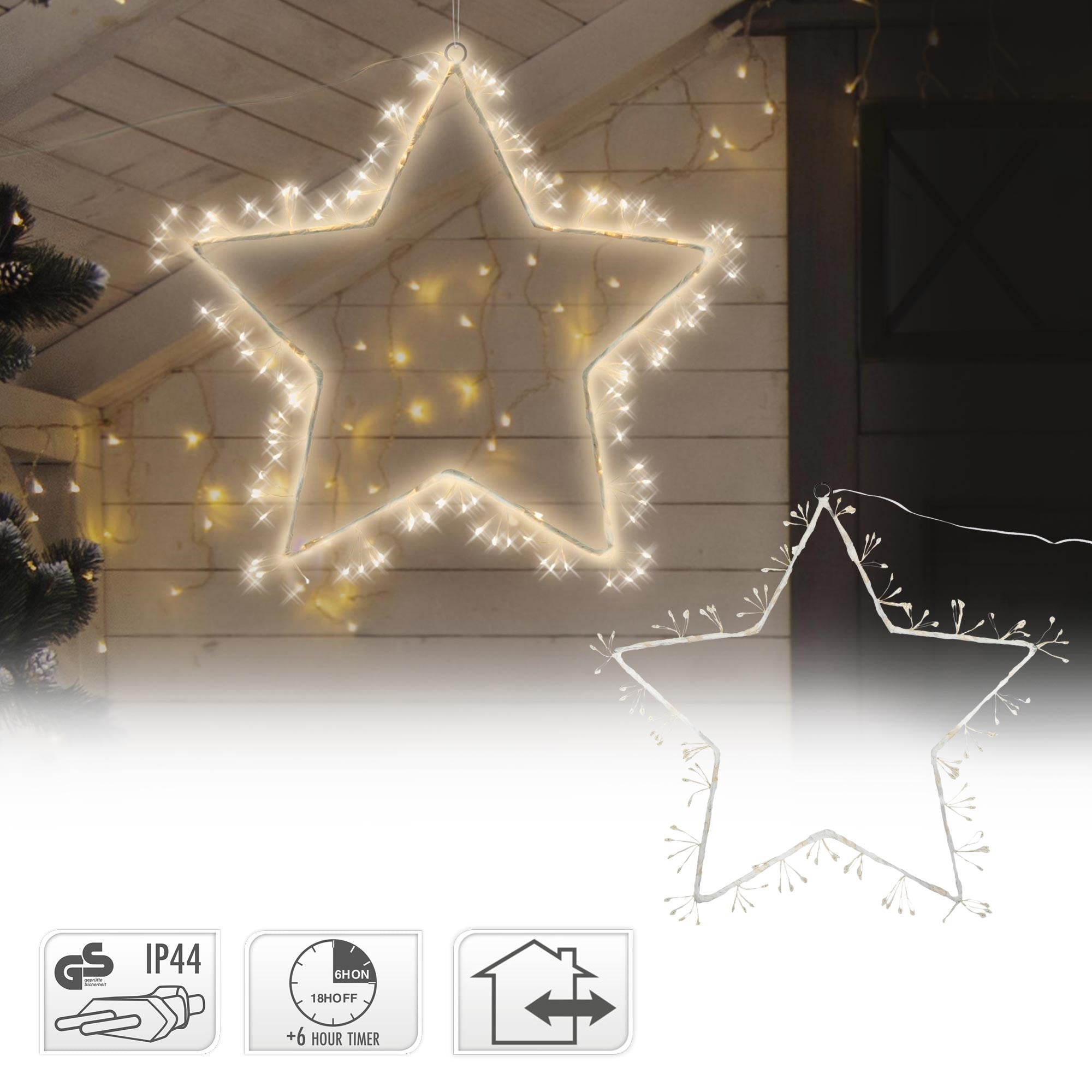 Étoile lumineuse en lumières, suspendue dans un espace protégé.