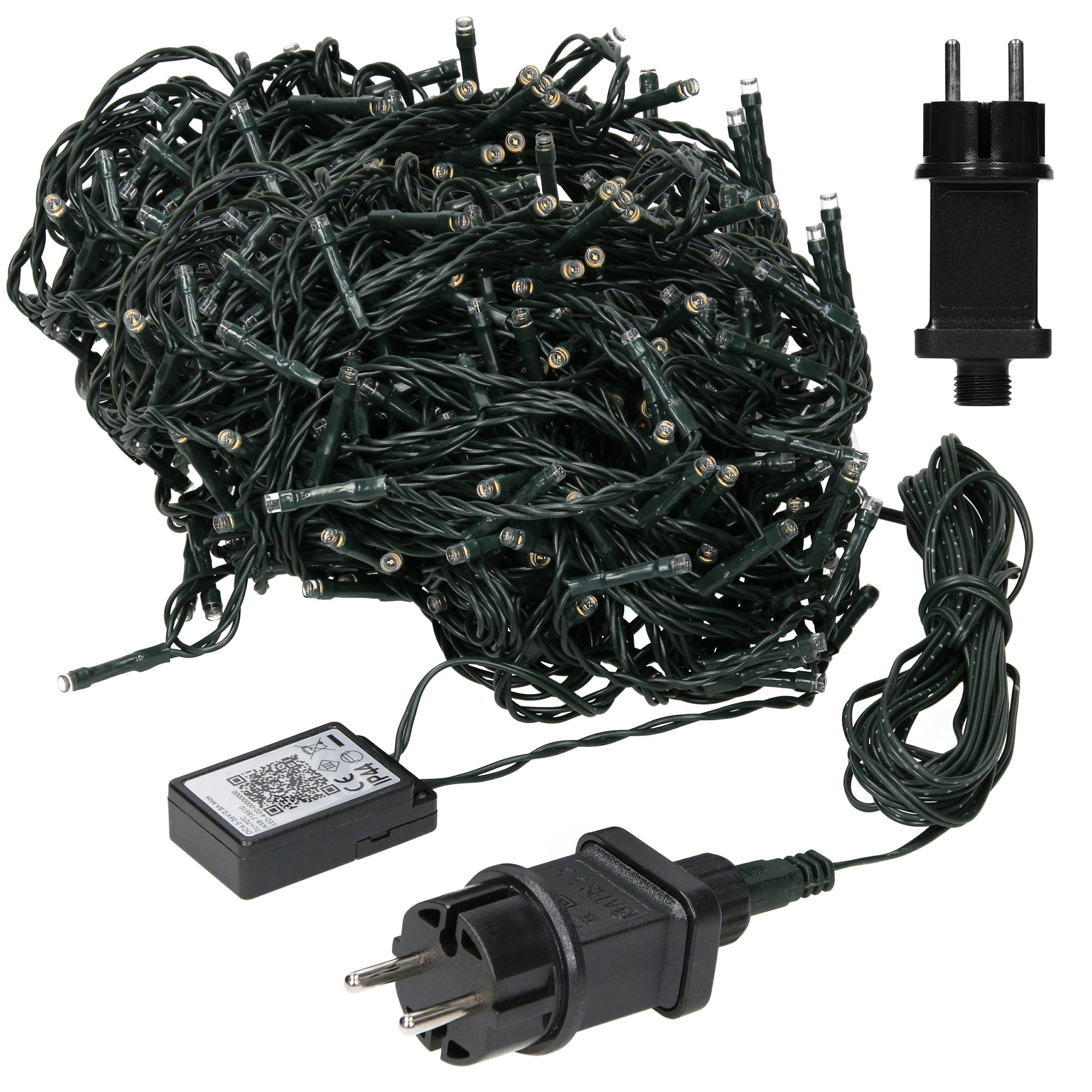 Un cavo con molte luci e una spina.