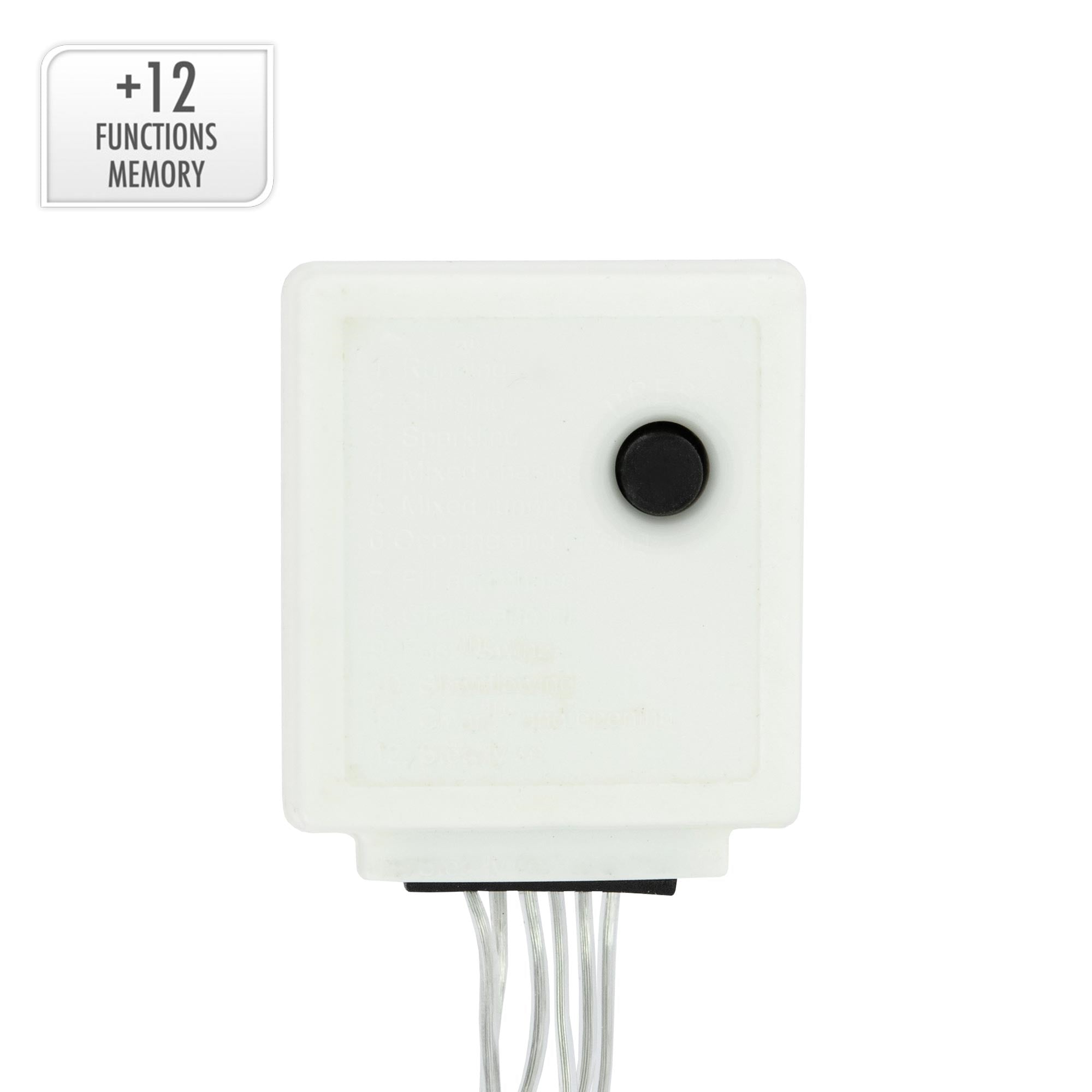 Dispositivo di controllo bianco con pulsante e cavi per la decorazione luminosa.