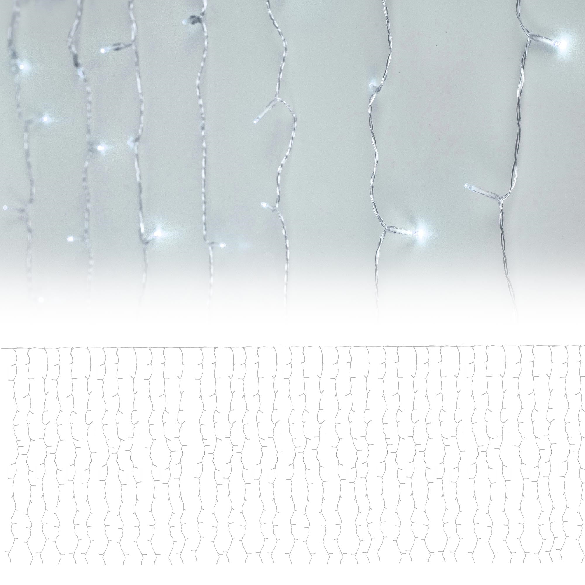 Catena luminosa con luci bianche appese a una parete.