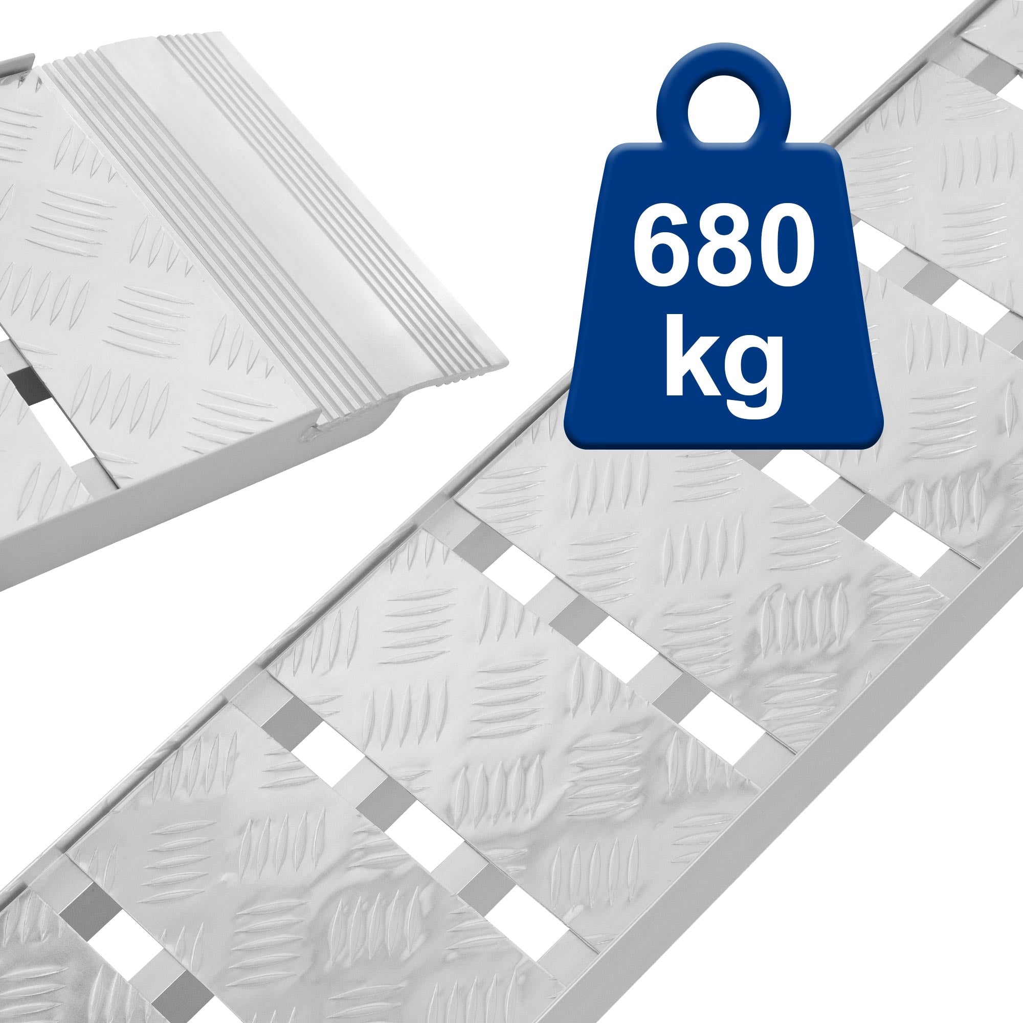 Aluminiowa rampa z antypoślizgową powierzchnią i nośnością 680 kg.
