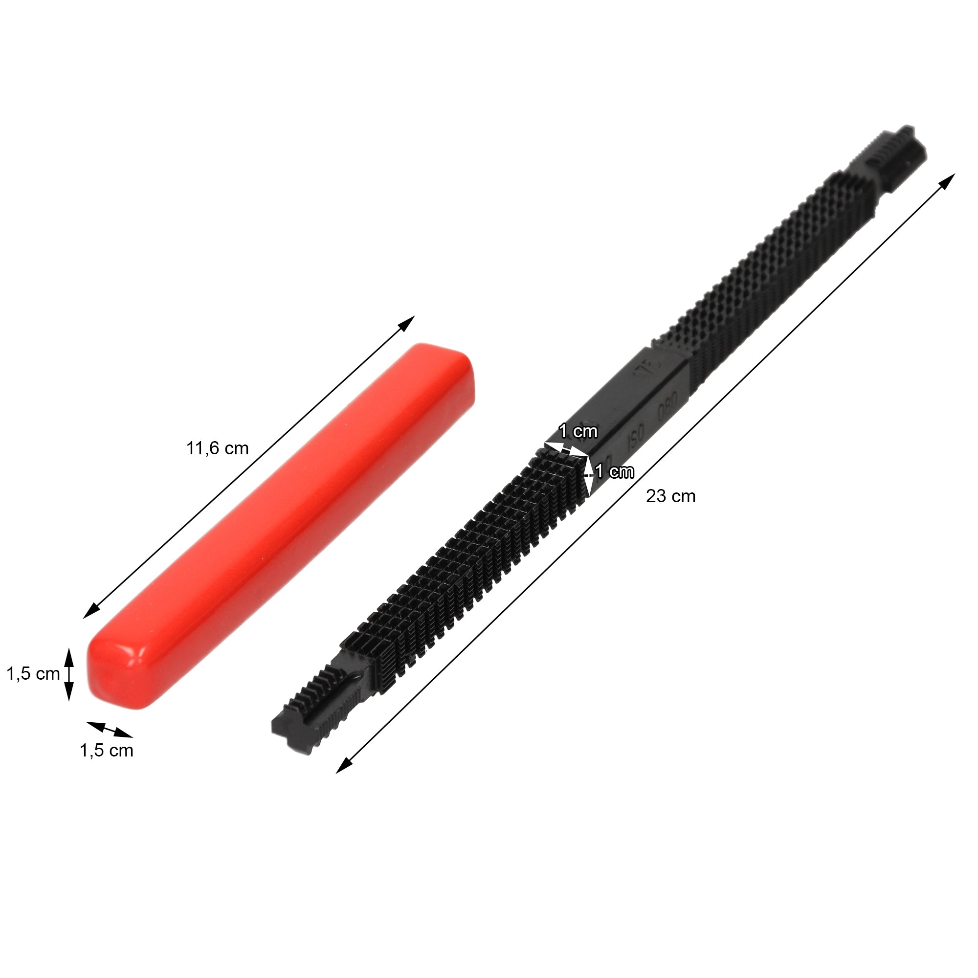 Un objet en plastique rouge et un noir avec des dimensions.
