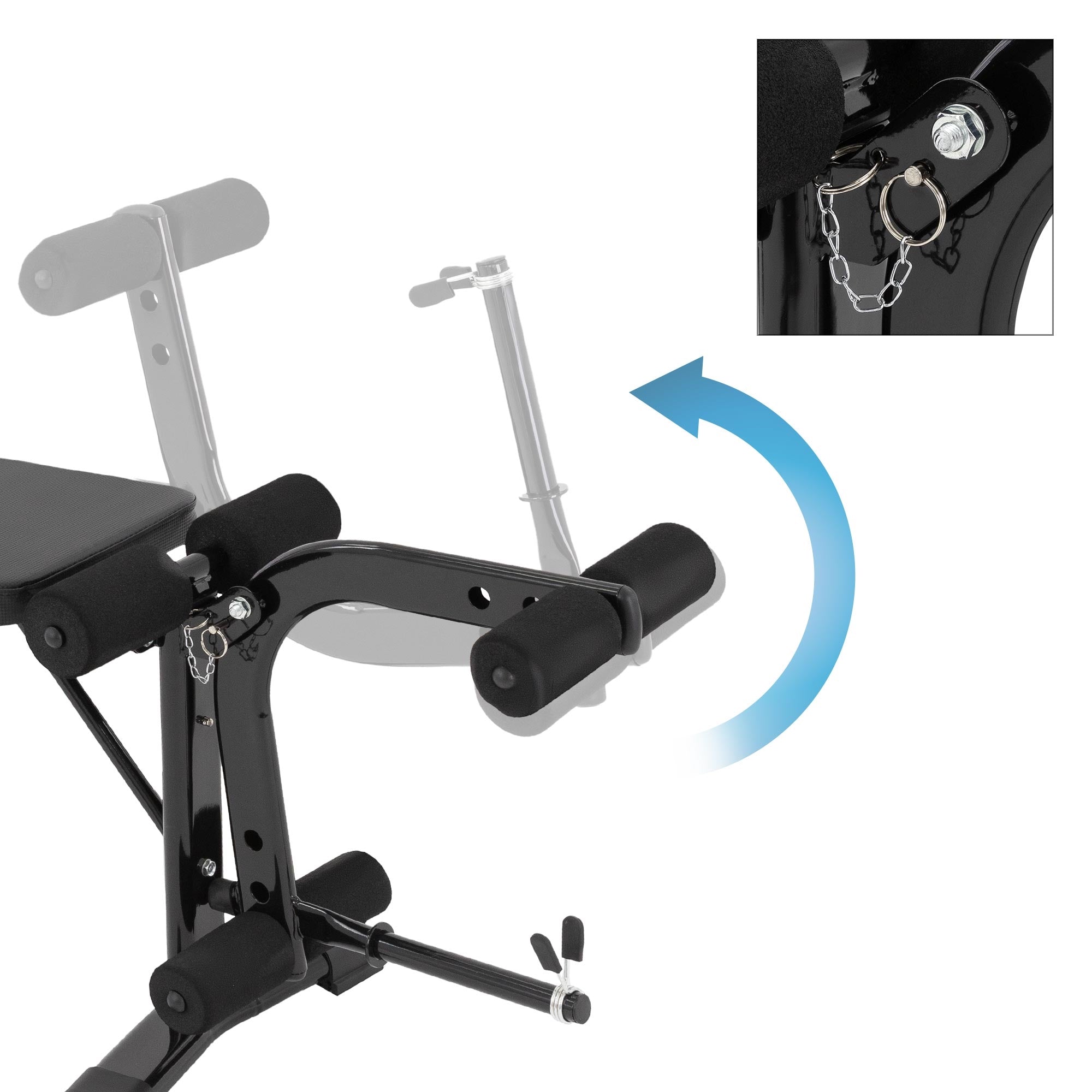 Detailní pohled na fitness zařízení s pohyblivou částí a zajištěním.