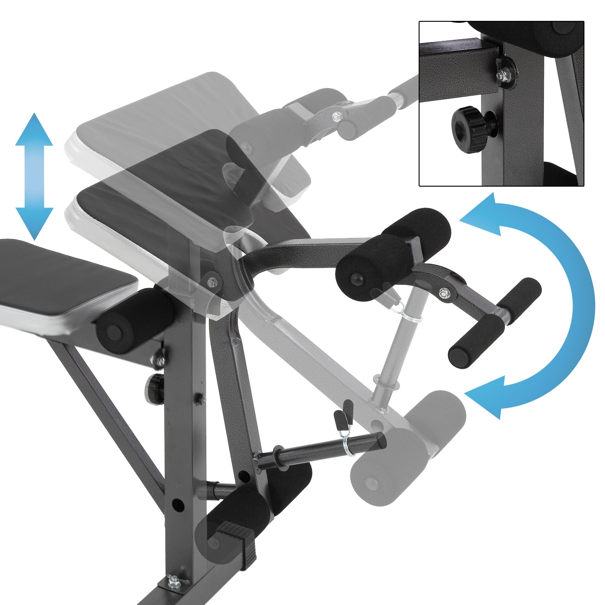 Fitnessgerät mit verstellbarer Rückenlehne und Armstützen.