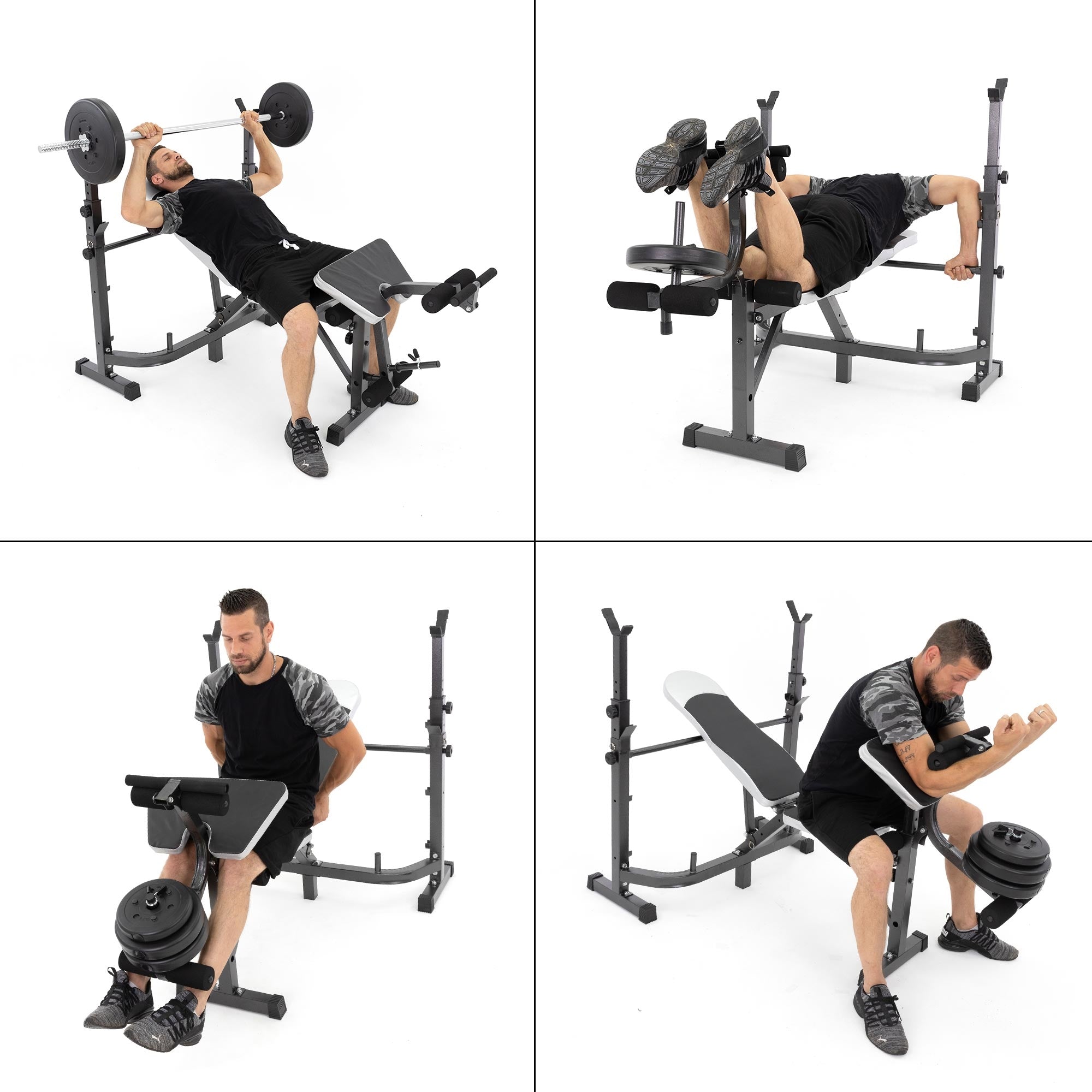 Vier verschiedene Übungen an einem Fitnessgerät mit einer Person.