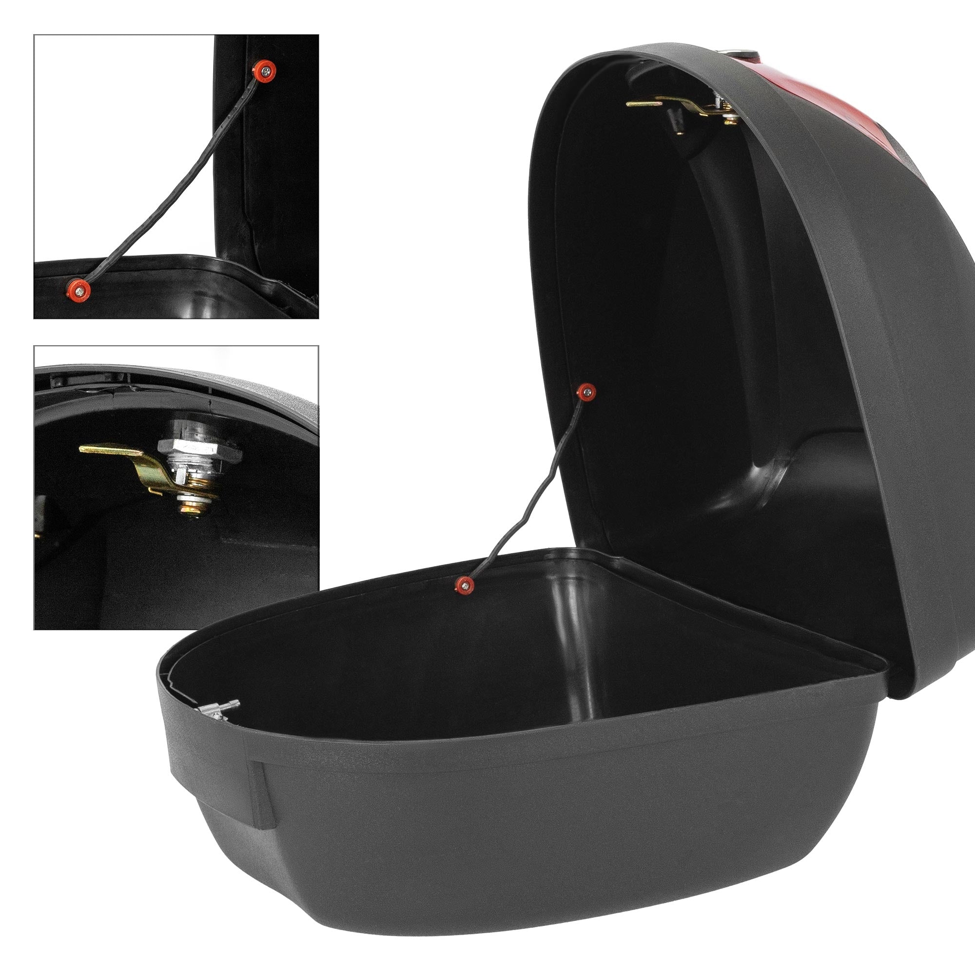 Un casco nero con coperchio aperto e interno visibile.