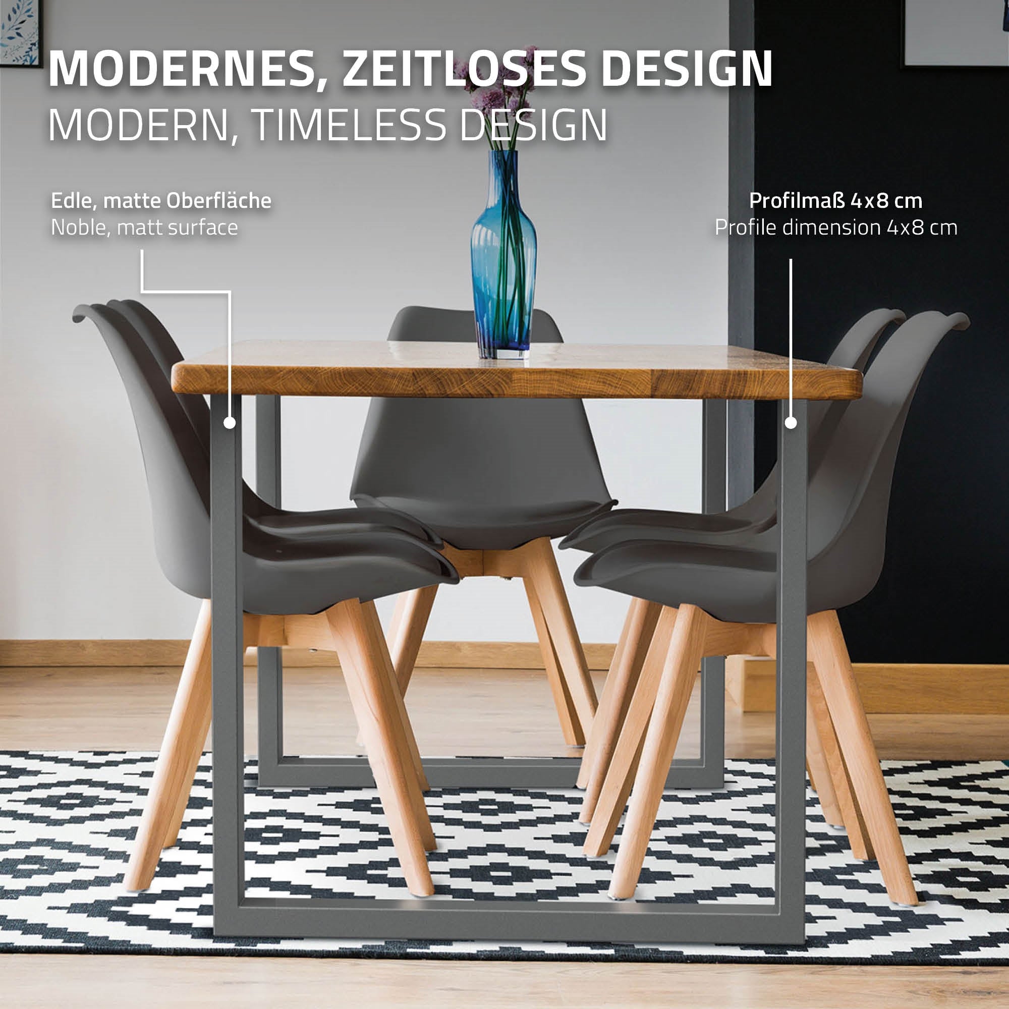 Nærbillede af et spisebord med stole og designbeskrivelse.