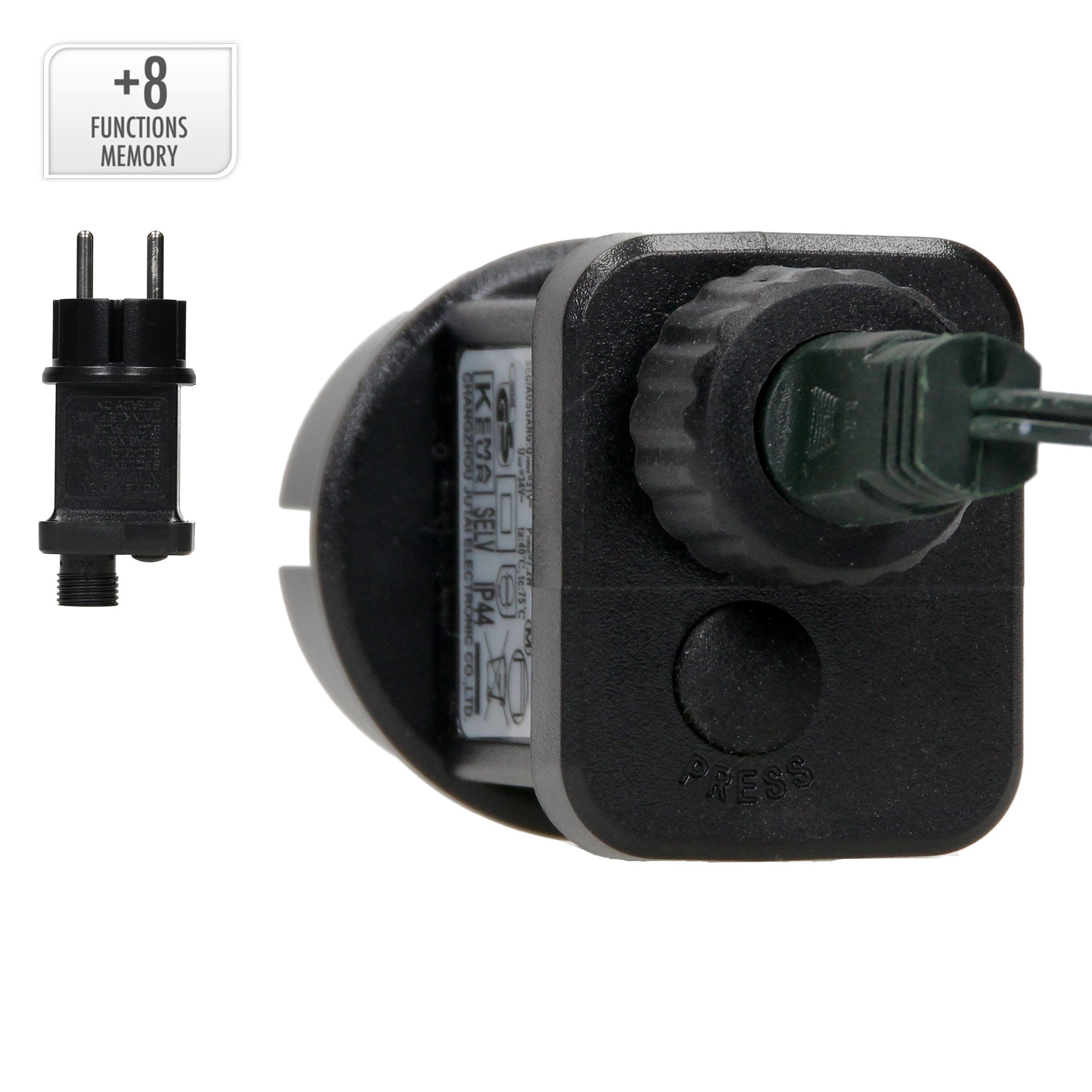 Schwarzer Stecker mit Kabel und Druckknopf, daneben ein abgebildeter Stecker.