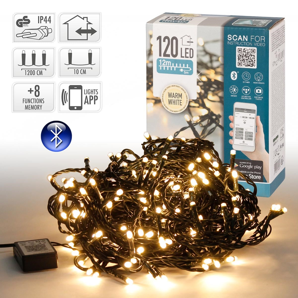 Lyskæde med 120 varm-hvide LED-lys på sort kabel, emballage i baggrunden.