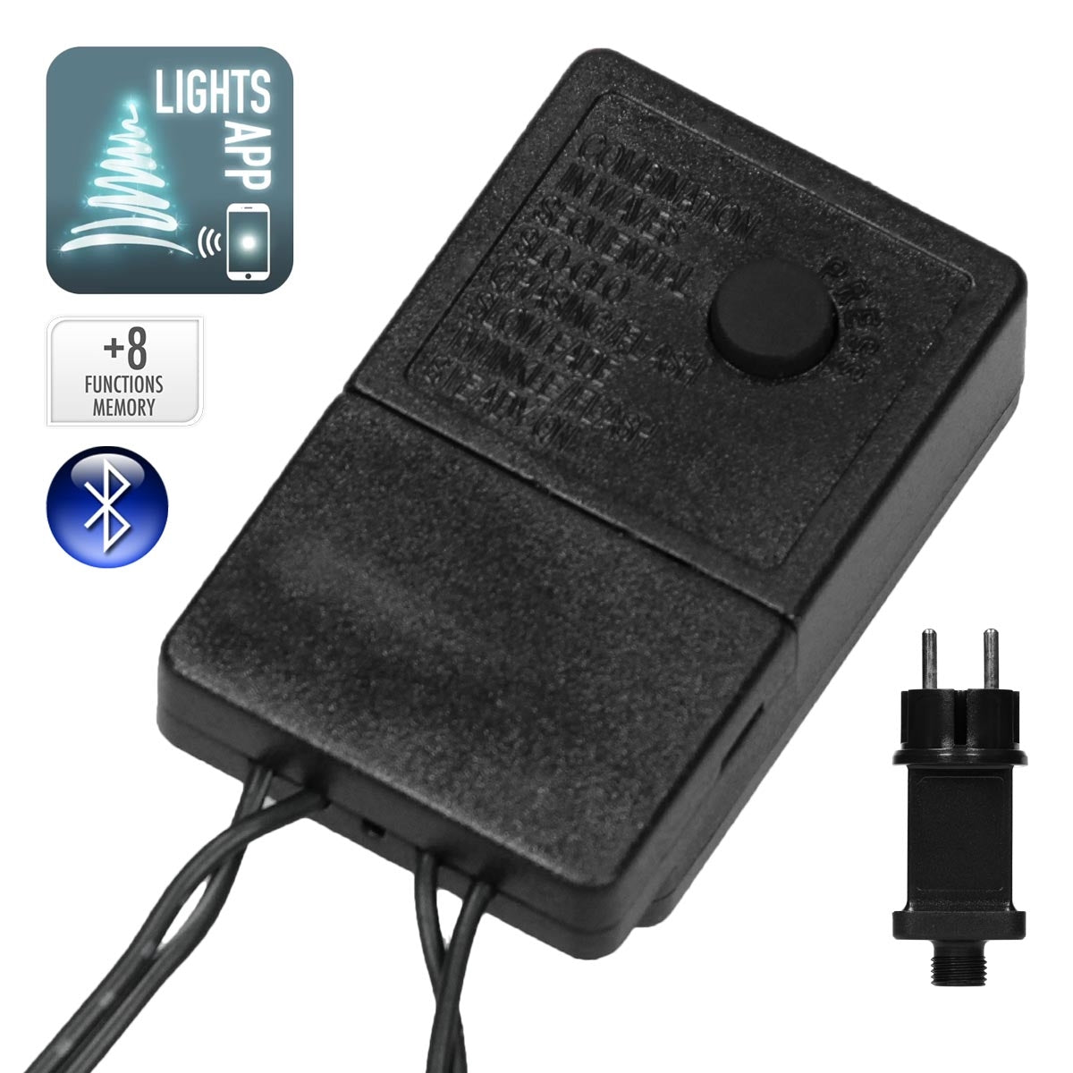 Schwarzes Steuergerät mit Bluetooth und Knopf, daneben ein Stecker.