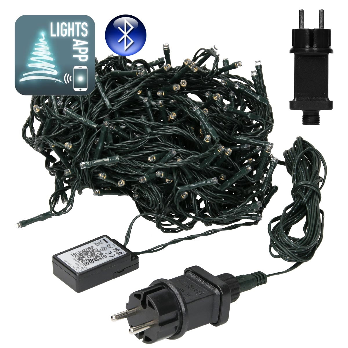 Et kabel med lys, en stikprop og Bluetooth-symbol.