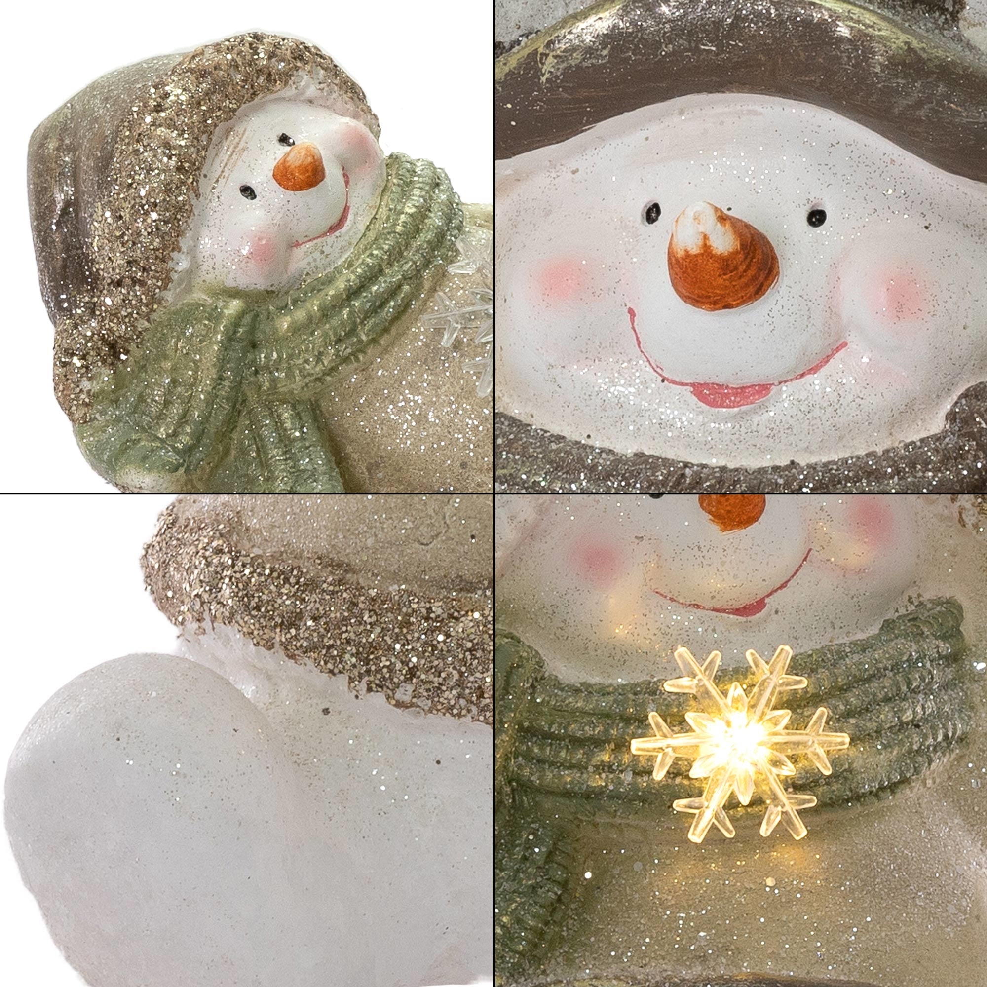 Primer plano de una figura de muñeco de nieve con purpurina y un copo de nieve iluminado.