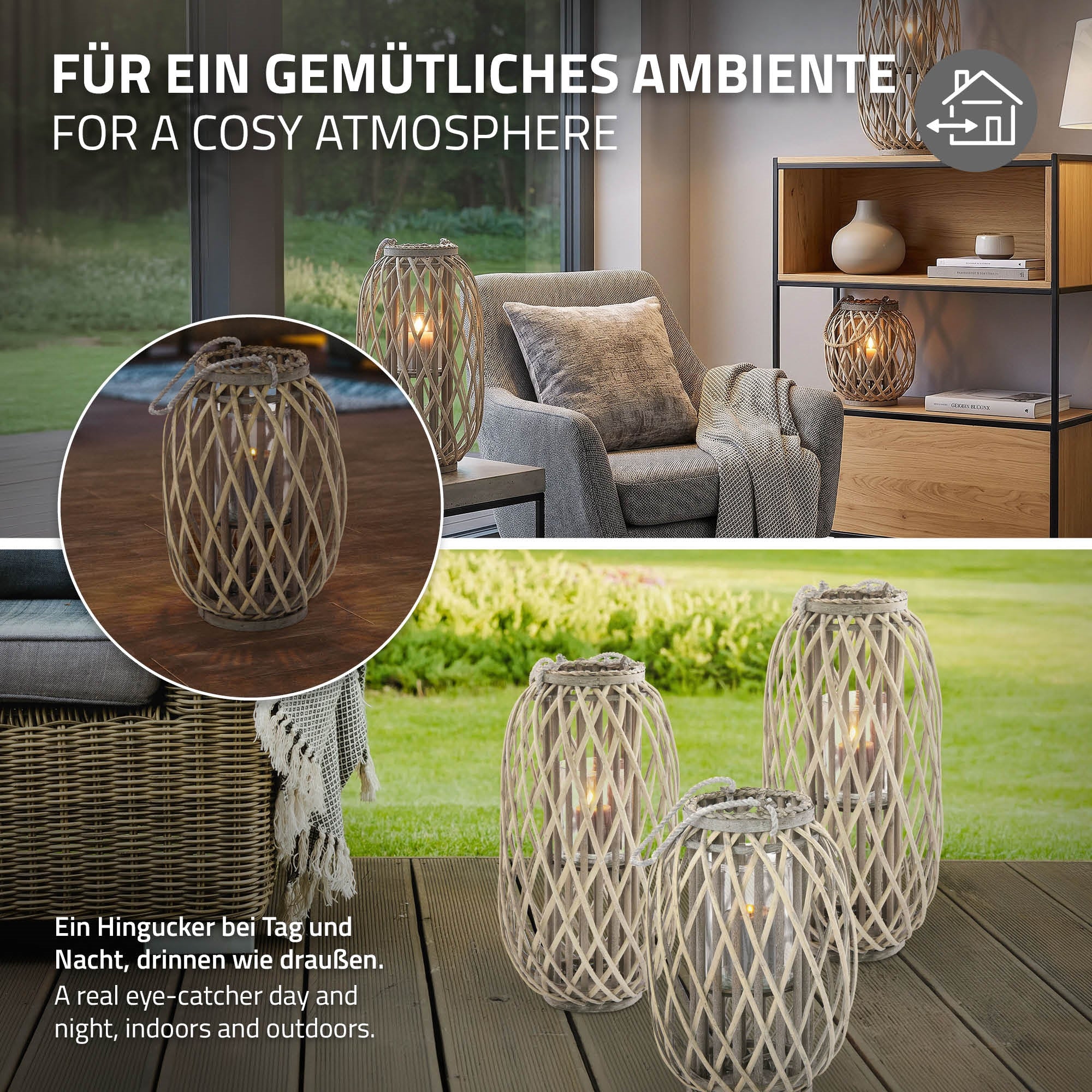 Drei geflochtene Laternen auf einem Tisch in einem gemütlichen Raum.