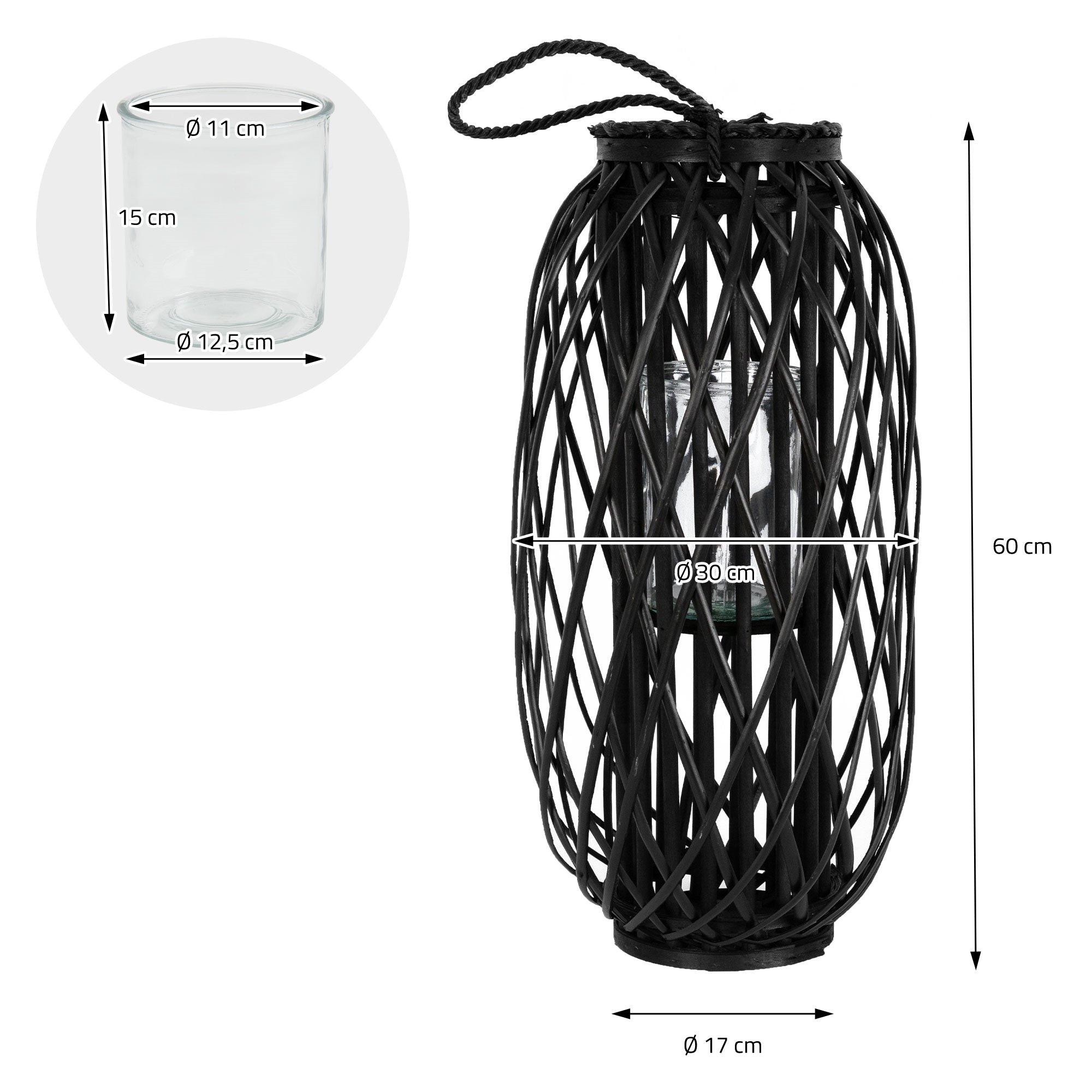 Lanterne noire dans un panier tressé, les dimensions sont indiquées.