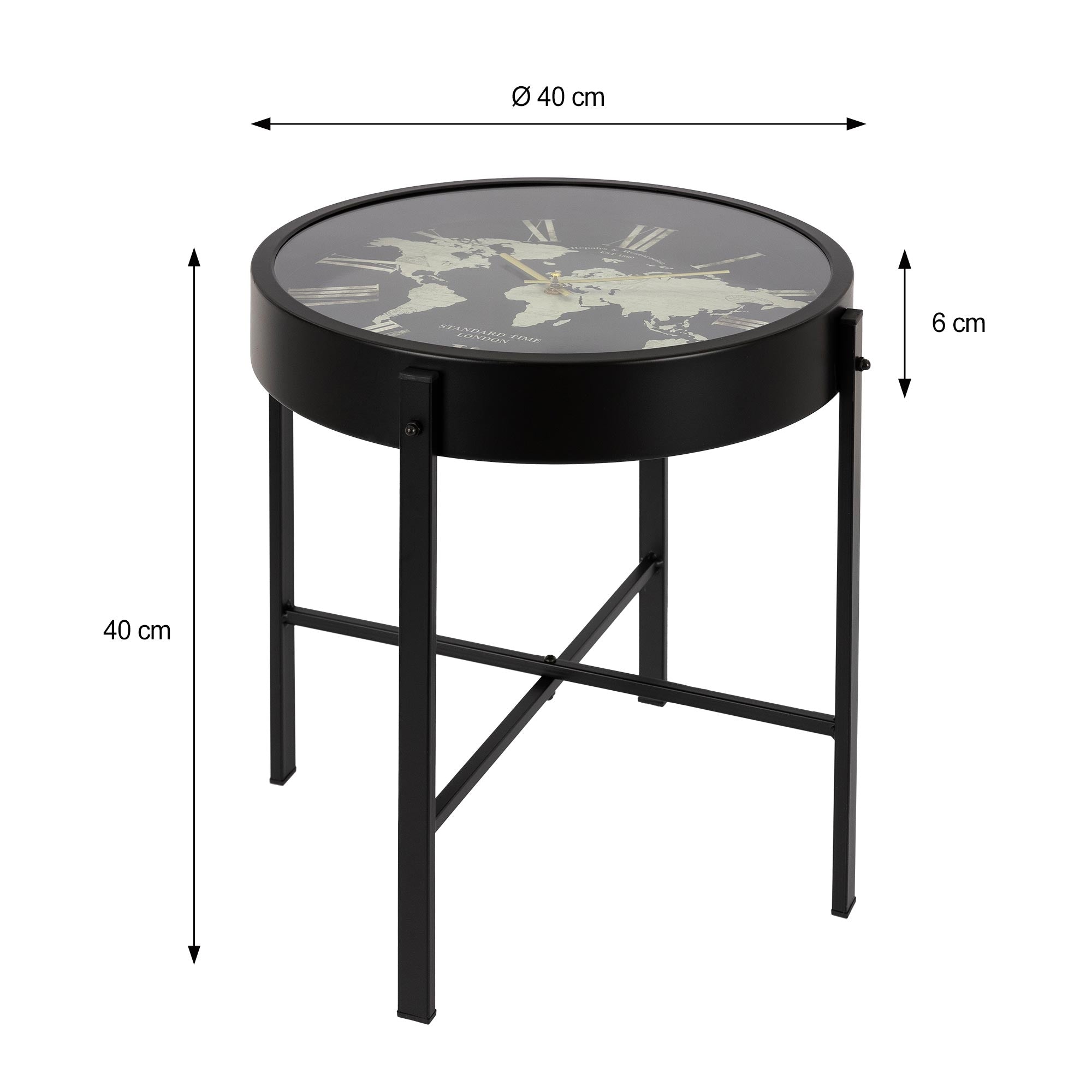 Table d'appoint noire avec un plateau en verre rond, diamètre 40 cm, hauteur 40 cm.