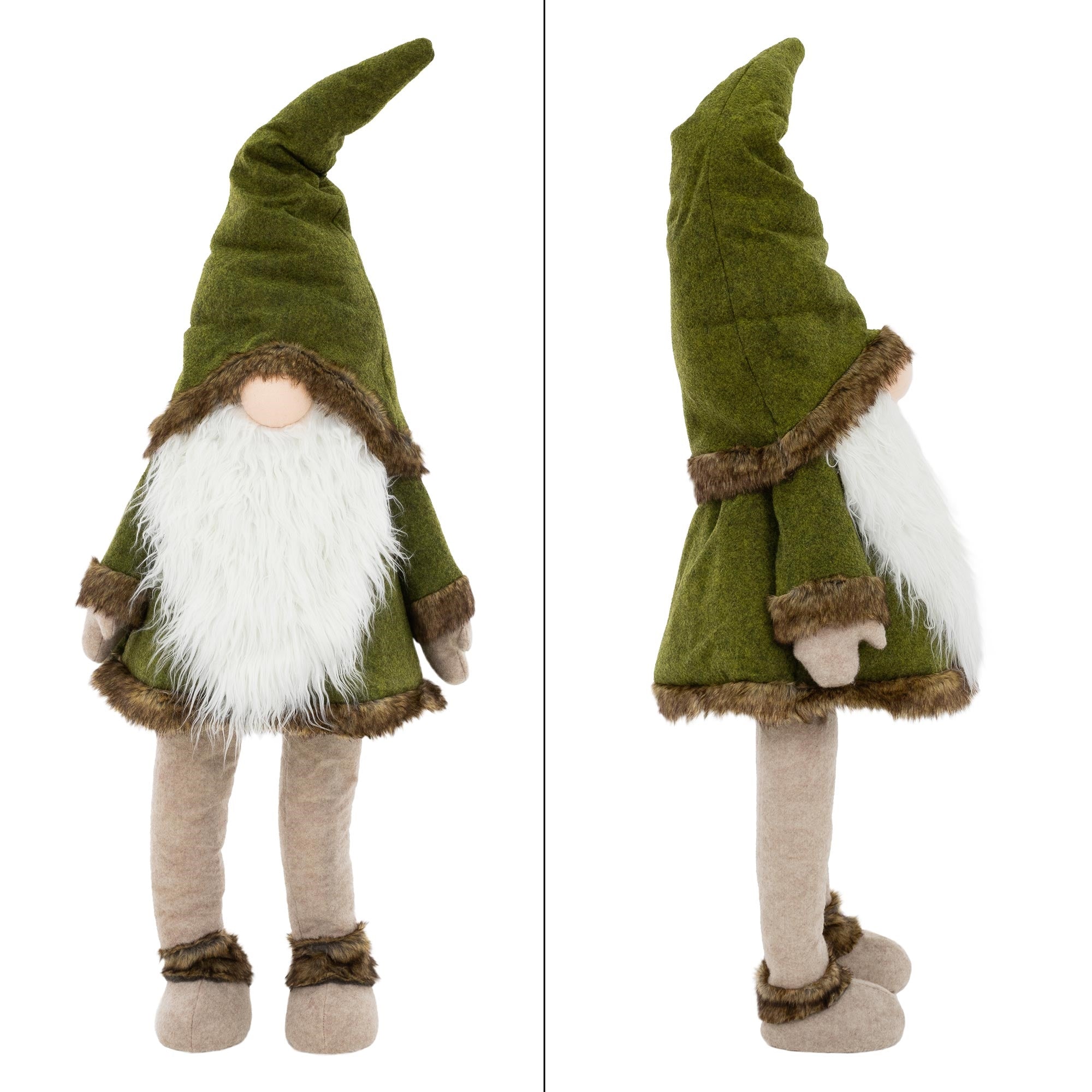 En stoffigur med en grøn hue og et hvidt skæg, set fra siden.