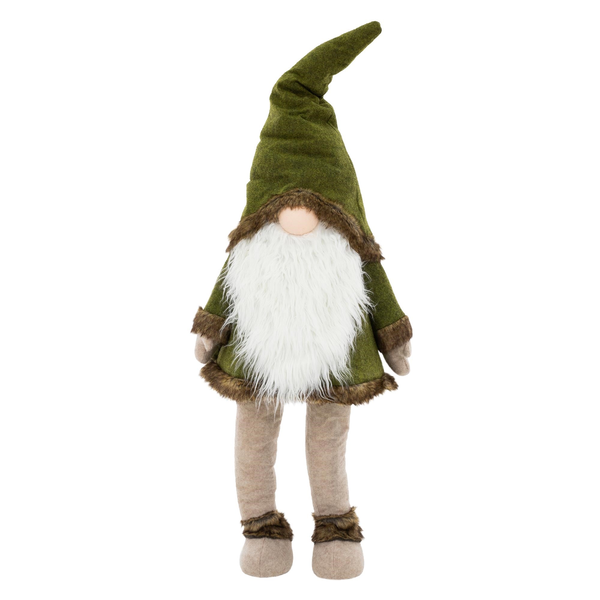 En stoffigur med en grøn hue og et hvidt skæg står oprejst.