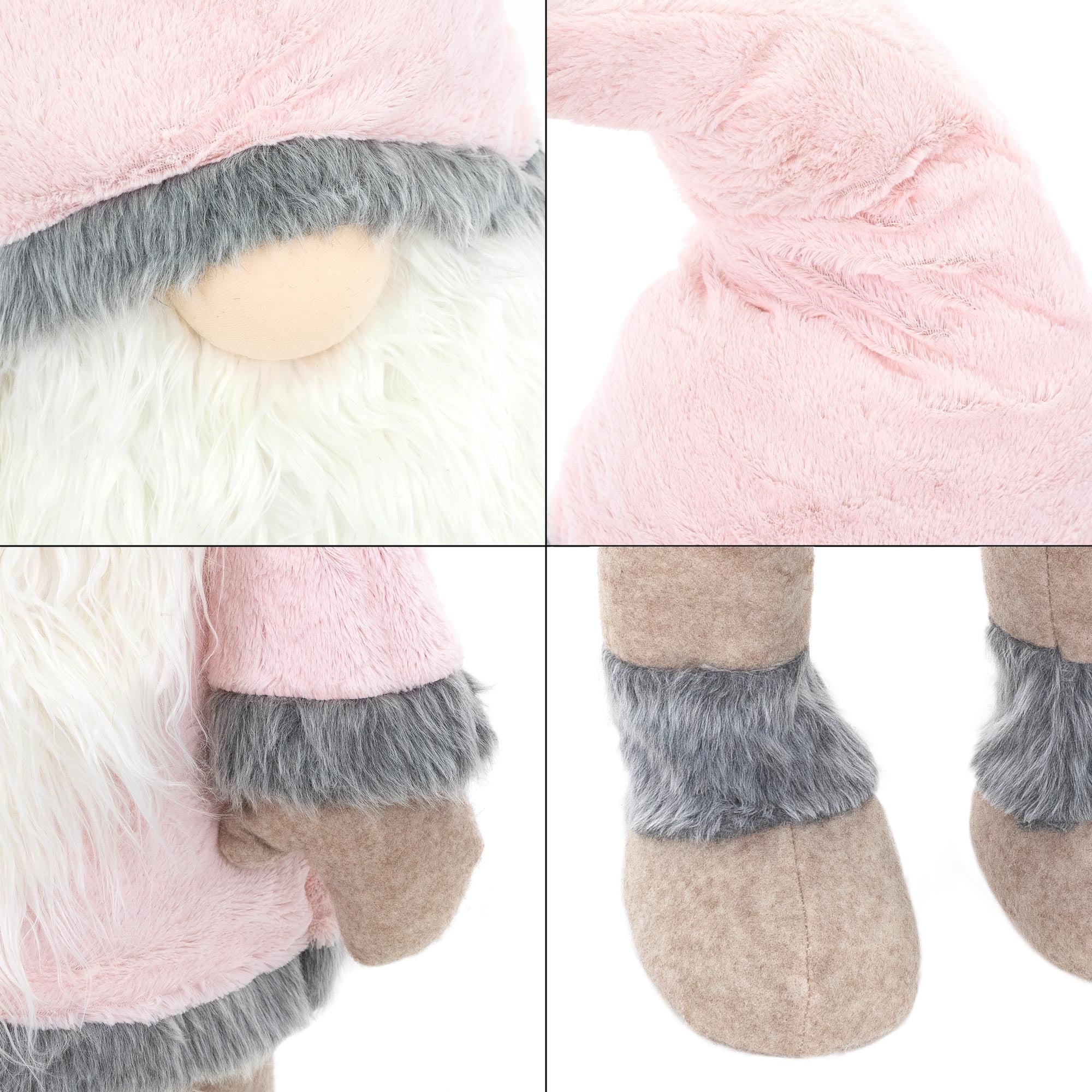 Nahaufnahme eines Plüschweihnachtsgnoms mit rosa und grauen Details.
