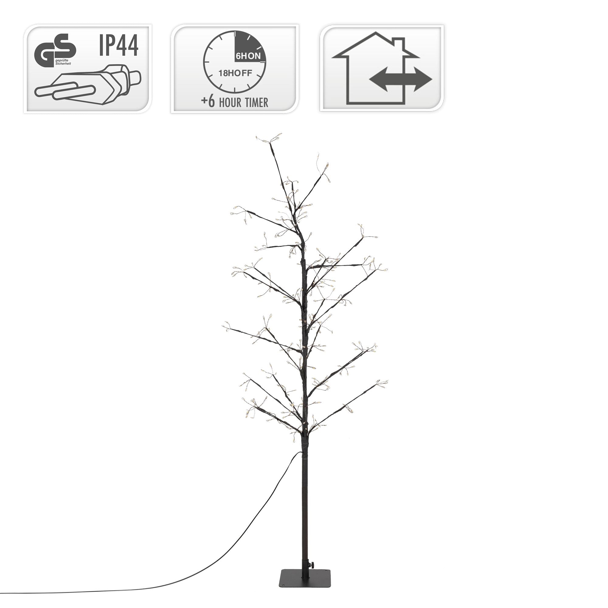Ein beleuchteter Baum mit technischen Symbolen für IP44 und Timer-Funktion.