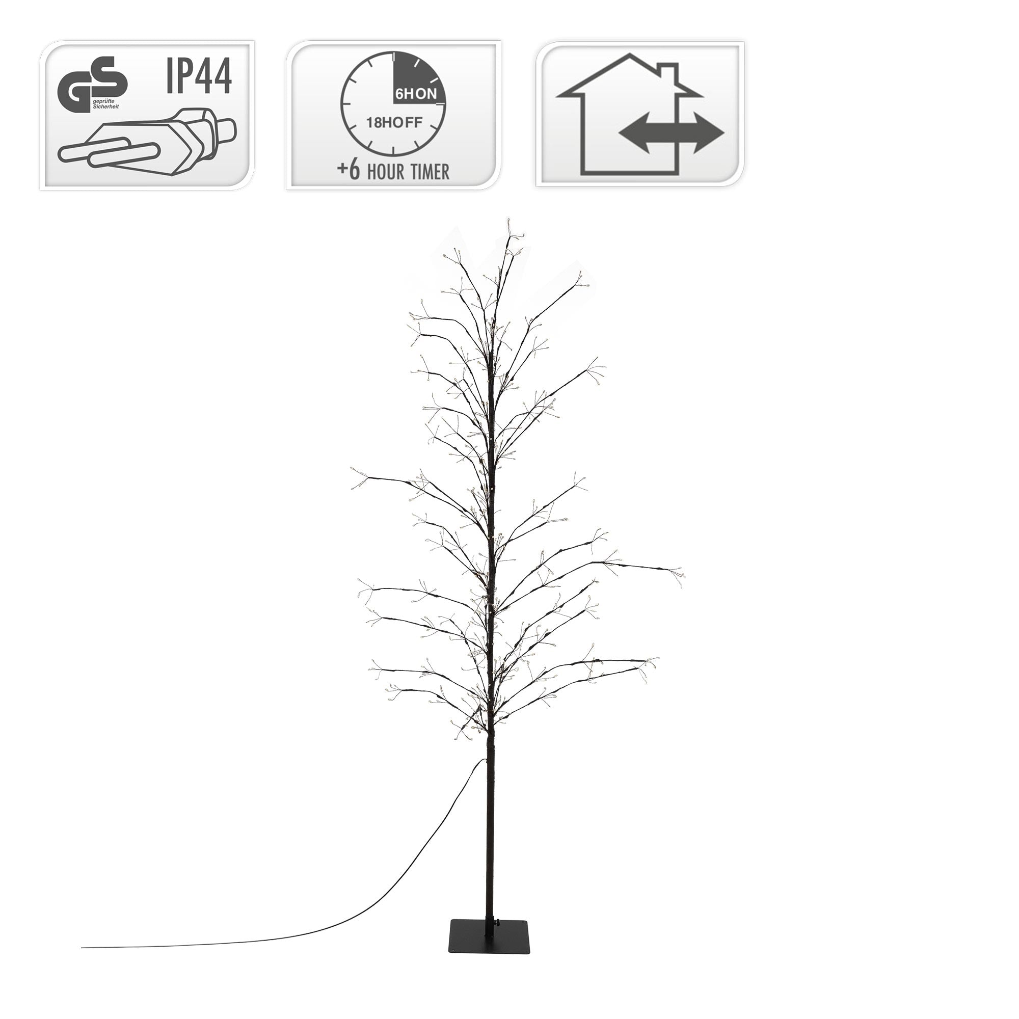 Dünner, beleuchteter Baum mit einem stabilen Standfuß.