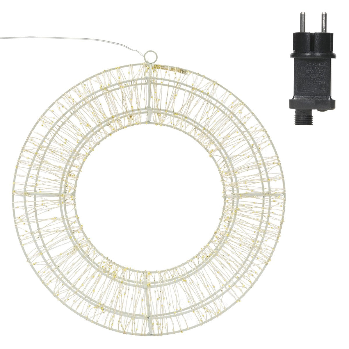 A round light wreath with a plug, surrounded by lights.