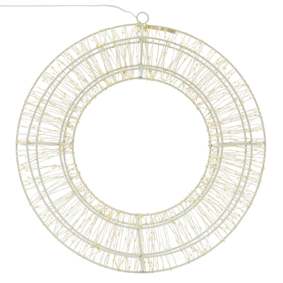 Circular frame with fine, transparent threads.