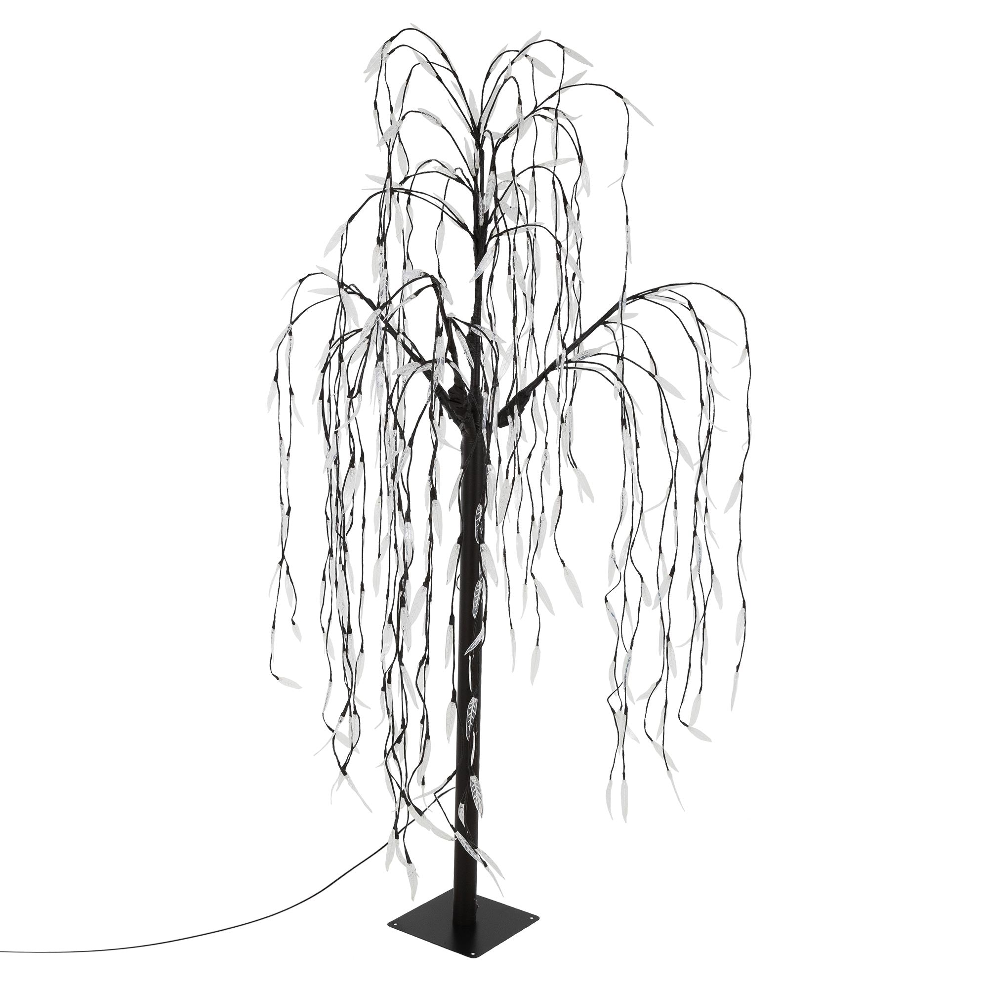 Árbol artificial negro con ramas largas y colgantes.
