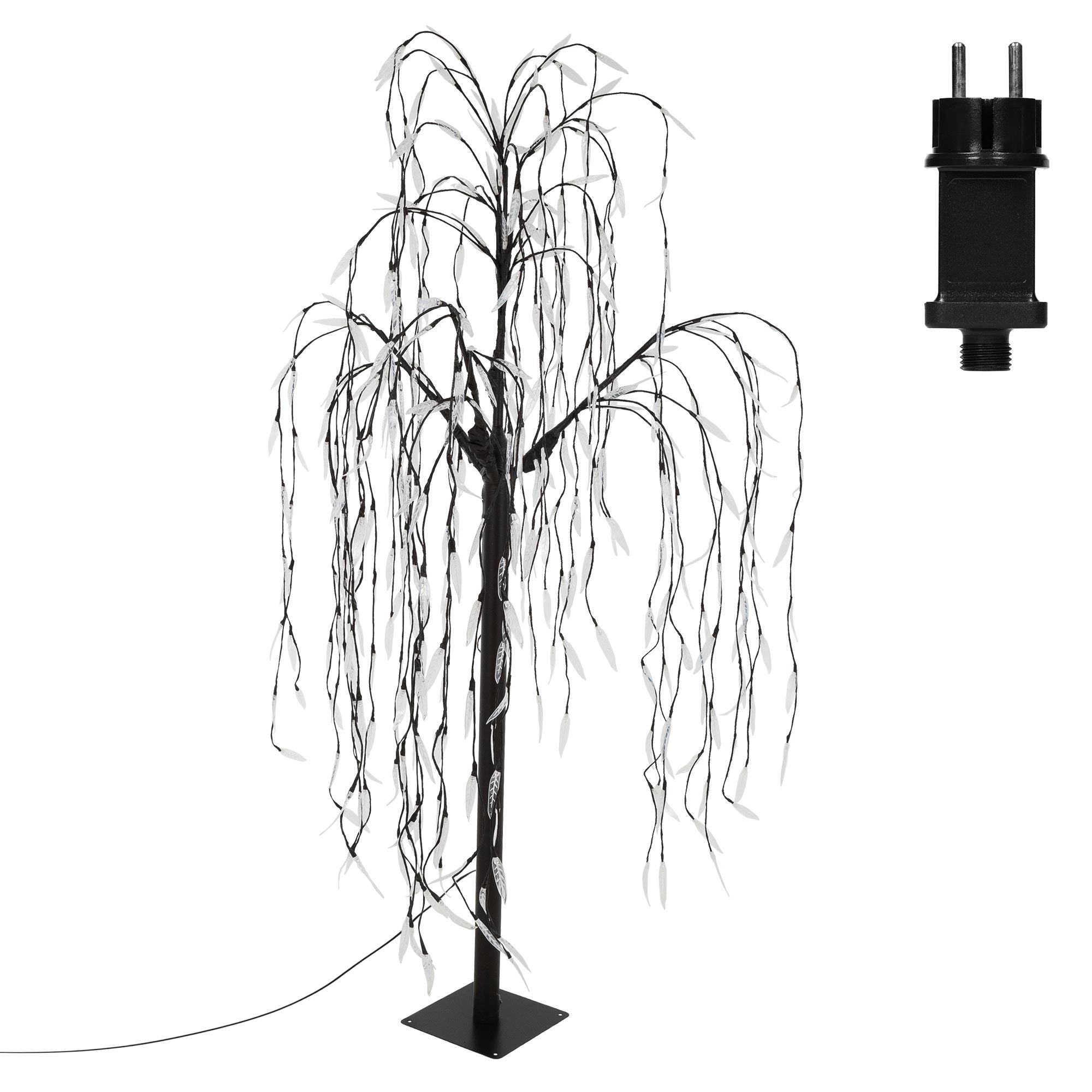 Árbol artificial negro con ramas colgantes y enchufe.