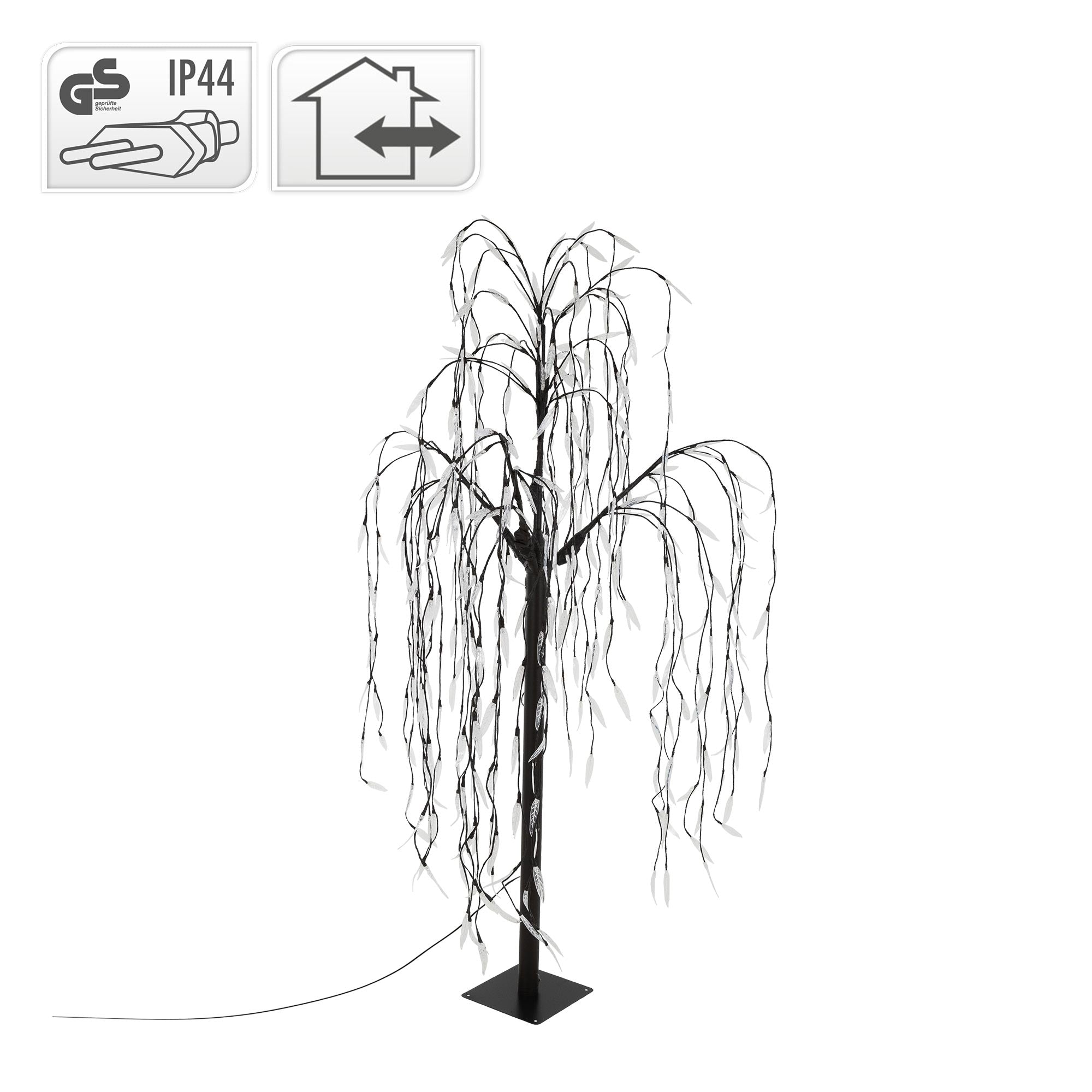 Árbol blanco y negro con ramas largas y colgantes y cable.