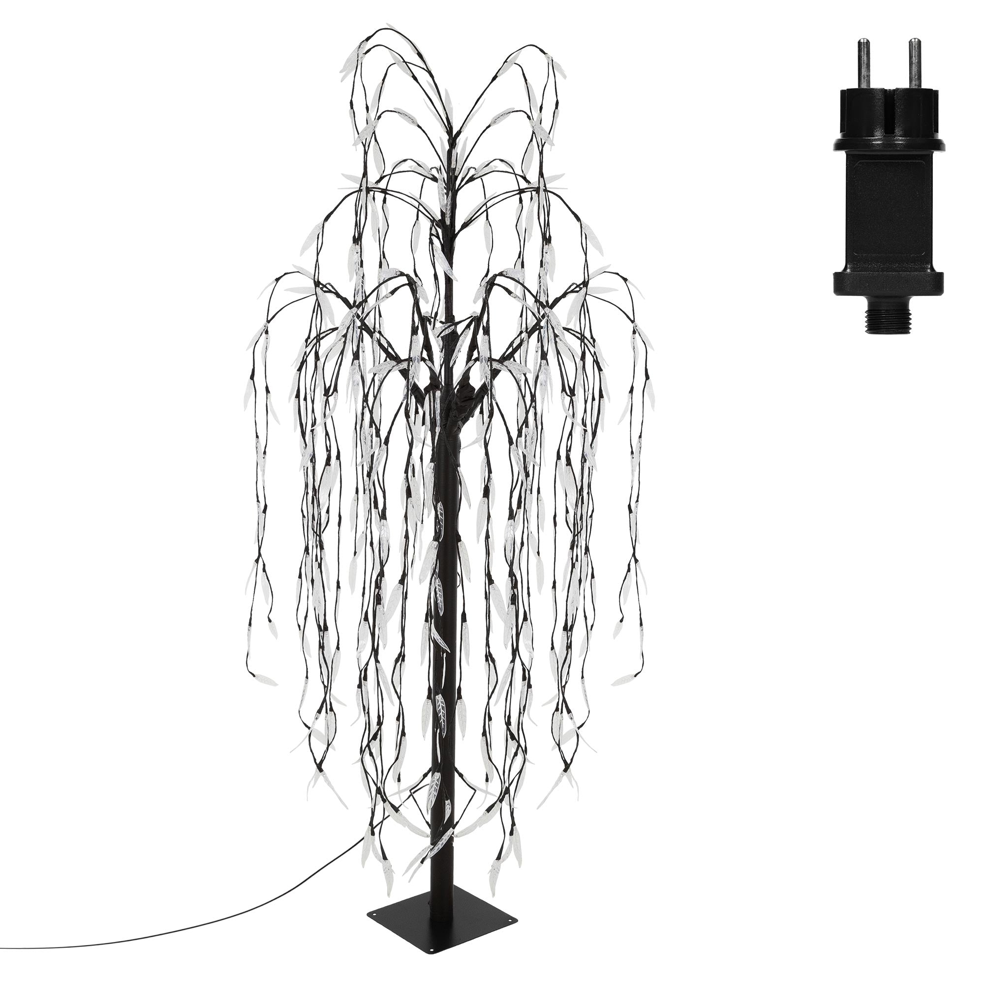 Arbre artificiel avec des lumières suspendues, socle noir, câble visible.