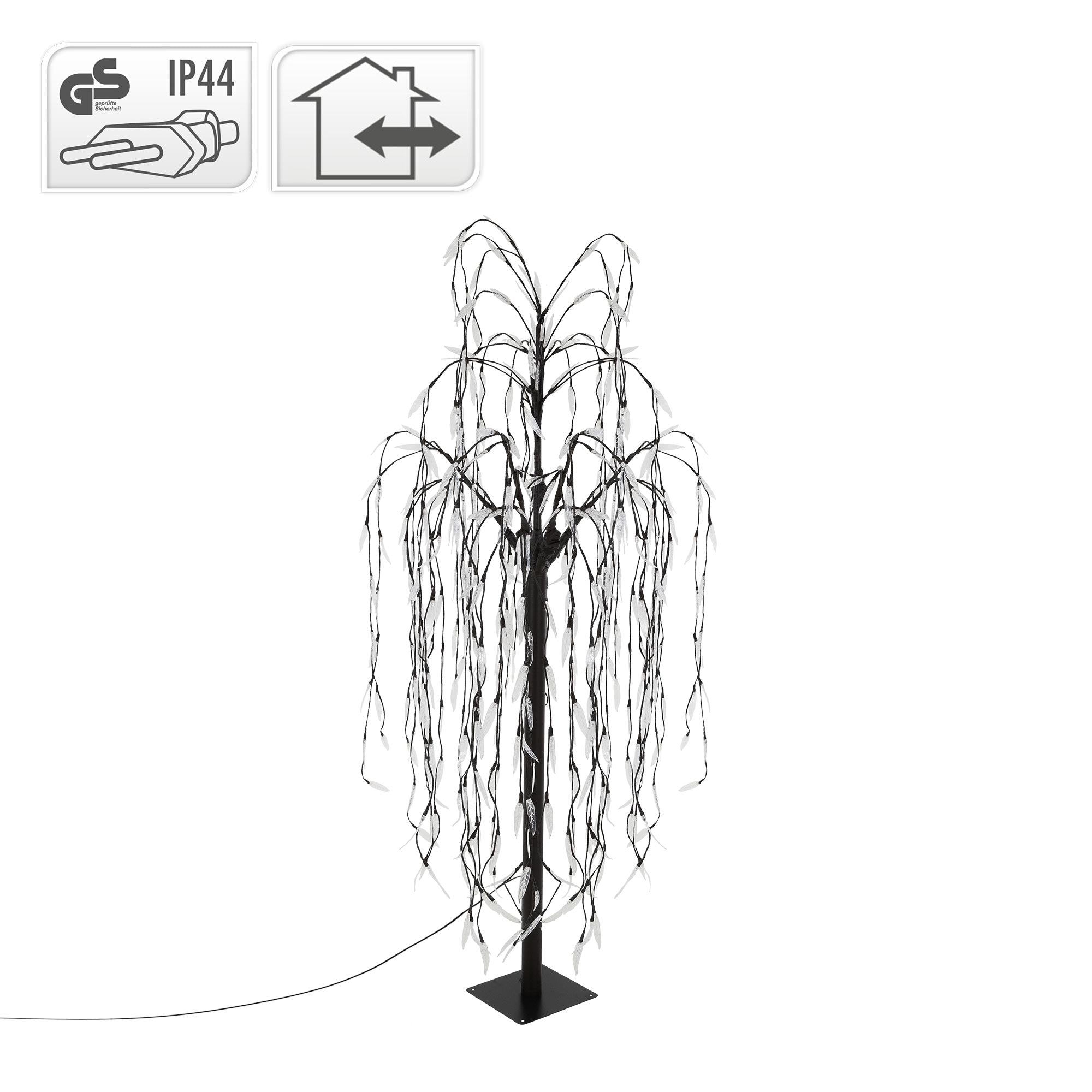Arbre noir avec des lumières suspendues et un symbole de sécurité.