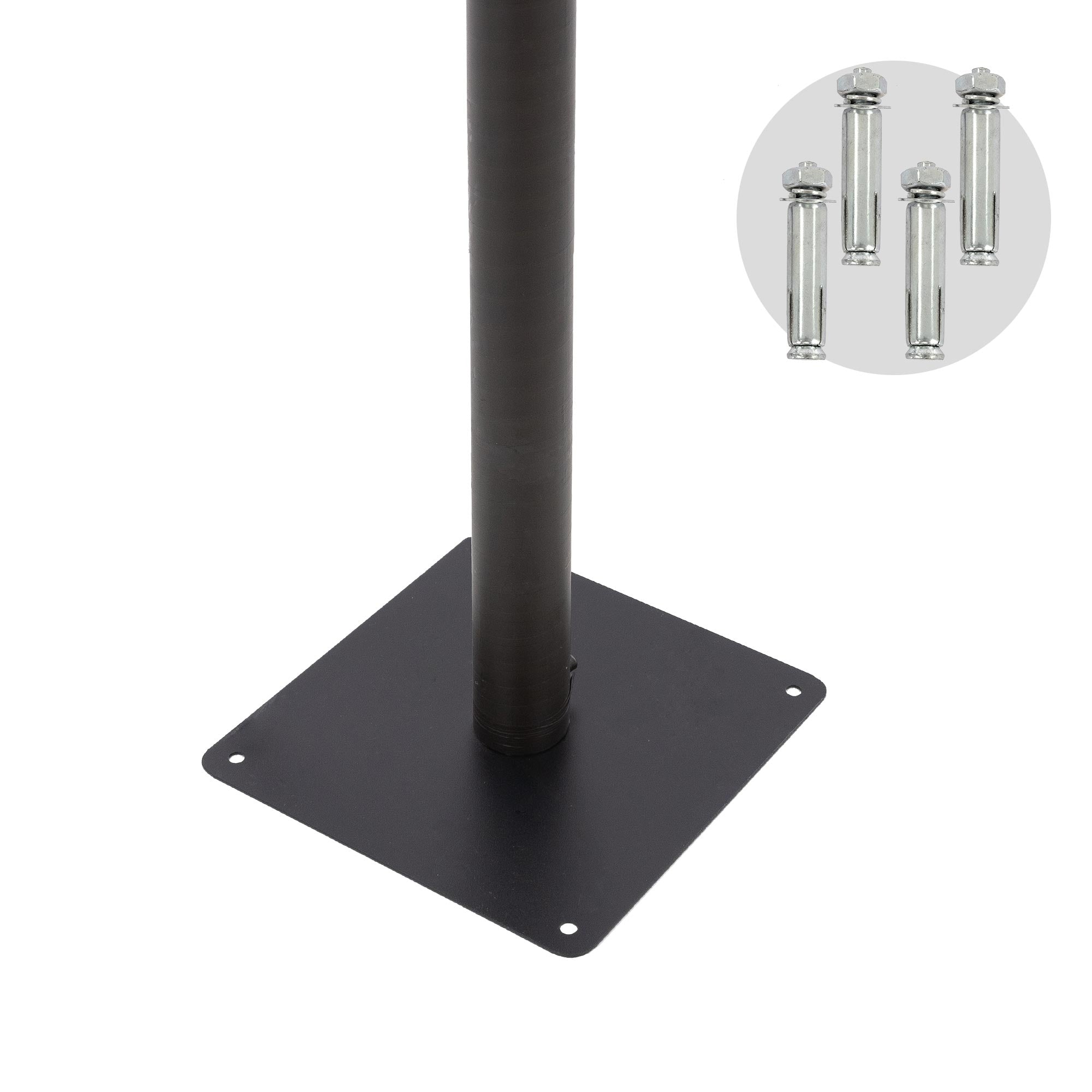 Base en métal noir avec un socle rond et quatre vis transparentes.