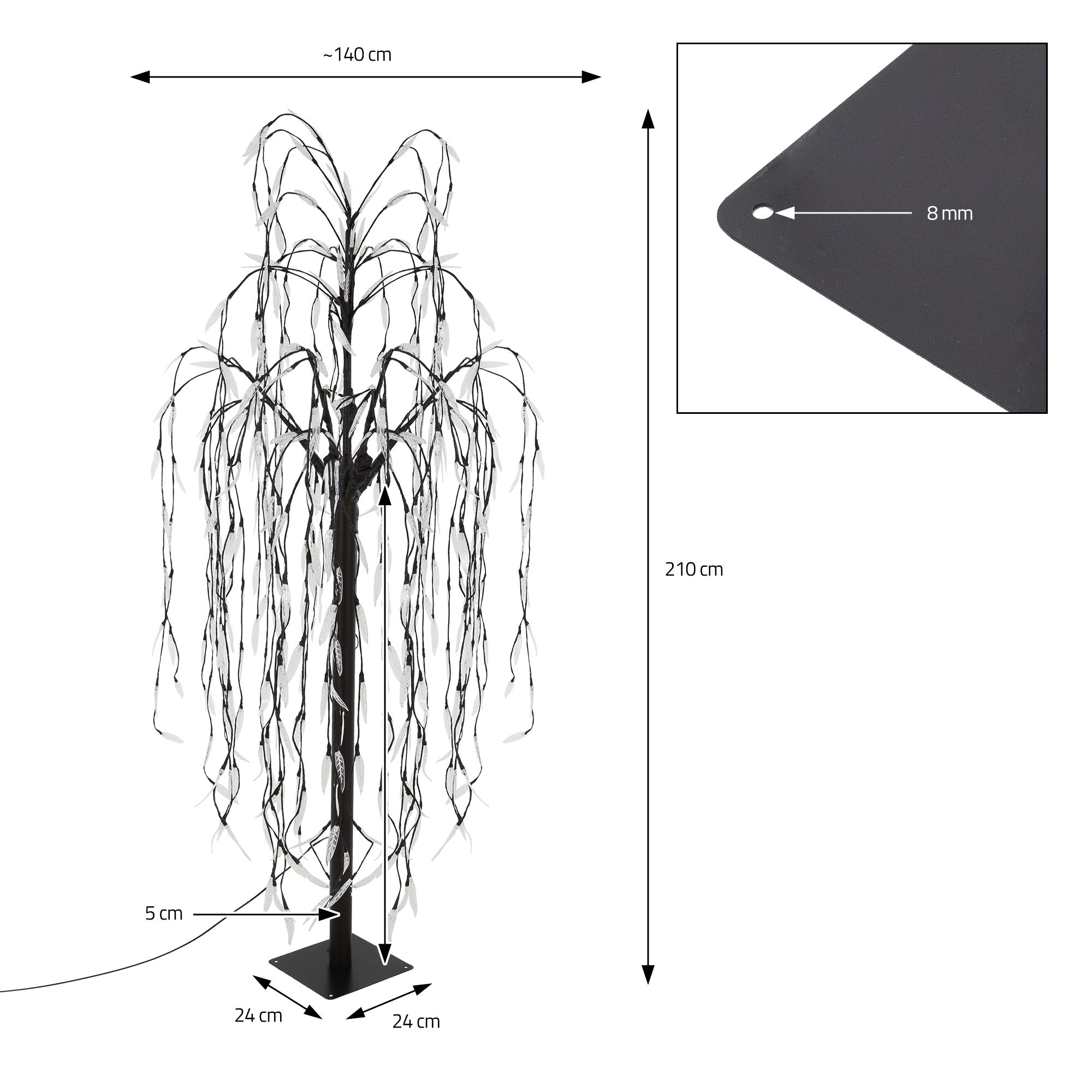 Arbre artificiel noir avec de longues branches pendantes et une hauteur de 210 cm.