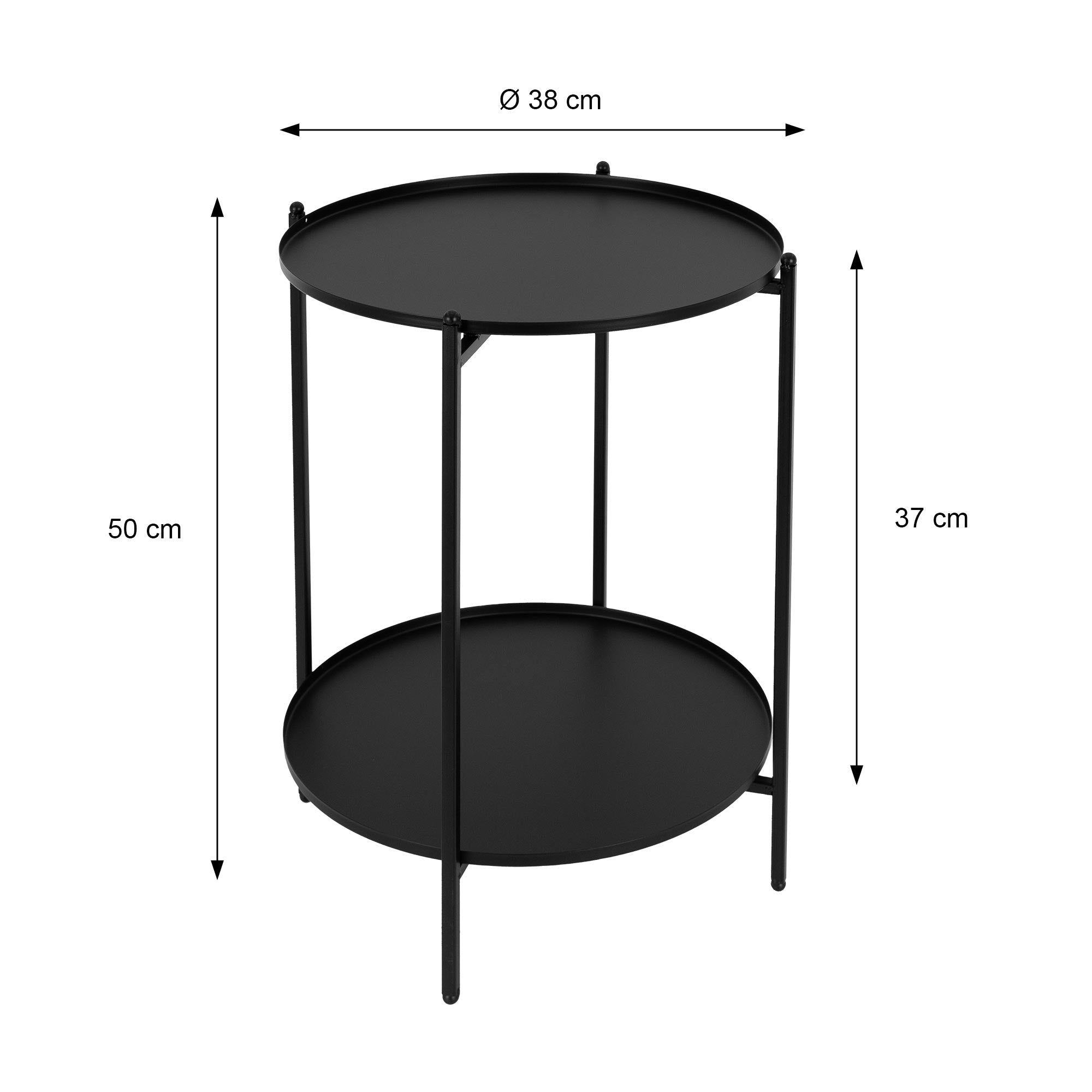 Černý konferenční stolek se dvěma kulatými odkládacími plochami, výška 37 cm, průměr 50 cm.